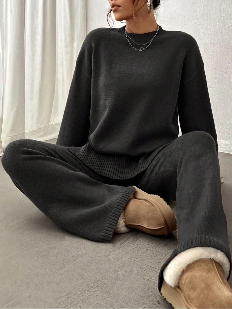 【Plus Size】 Two-Piece Set Women's Solid Color Sweater & Pants, Casual Fashion Knitwear Set for Daily Outdoor Wear, 2 Piece Sets Women, Women Knitwear for Fall & Winter