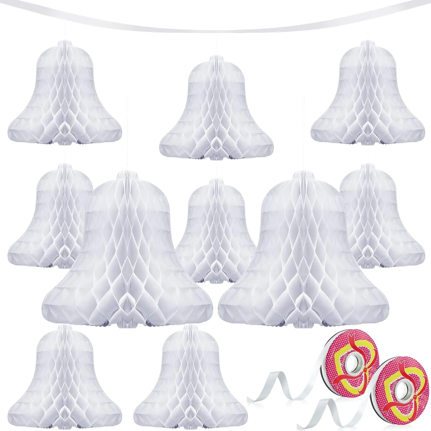 10 Pcs White Hanging Honeycomb Wedding Bell Decorations, 7.9 Inch & 11.8 Inch, with 2 Rolls Ribbon for Weddings Bridal Parties Receptions