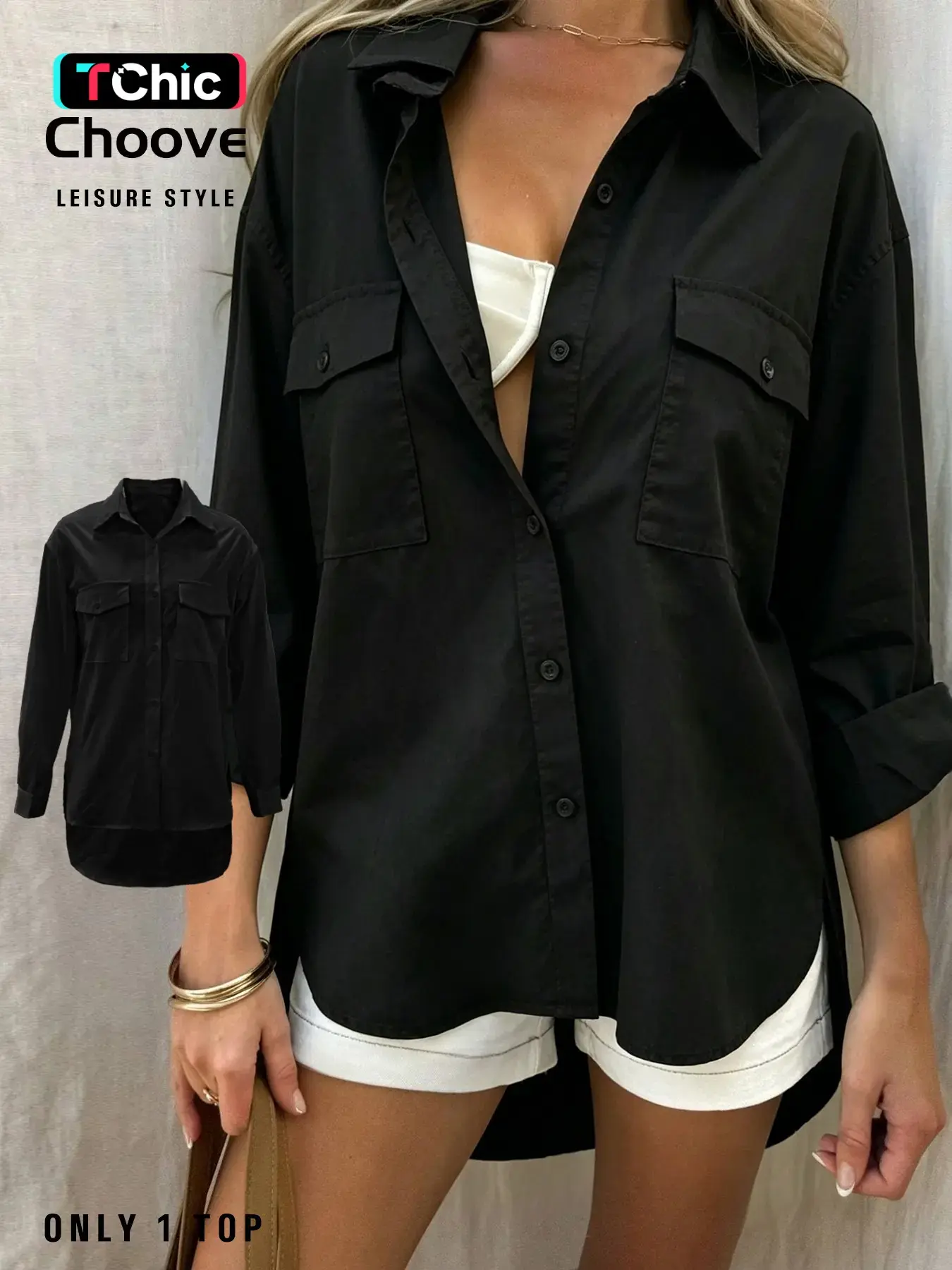 Women's Casual  Oversized Long Sleeve Black Blouse Button Shirt, Outerwear & Inner Layer, Comfortable and Stylish, Perfect for Daily Wear, Fashionable Ladies' Top