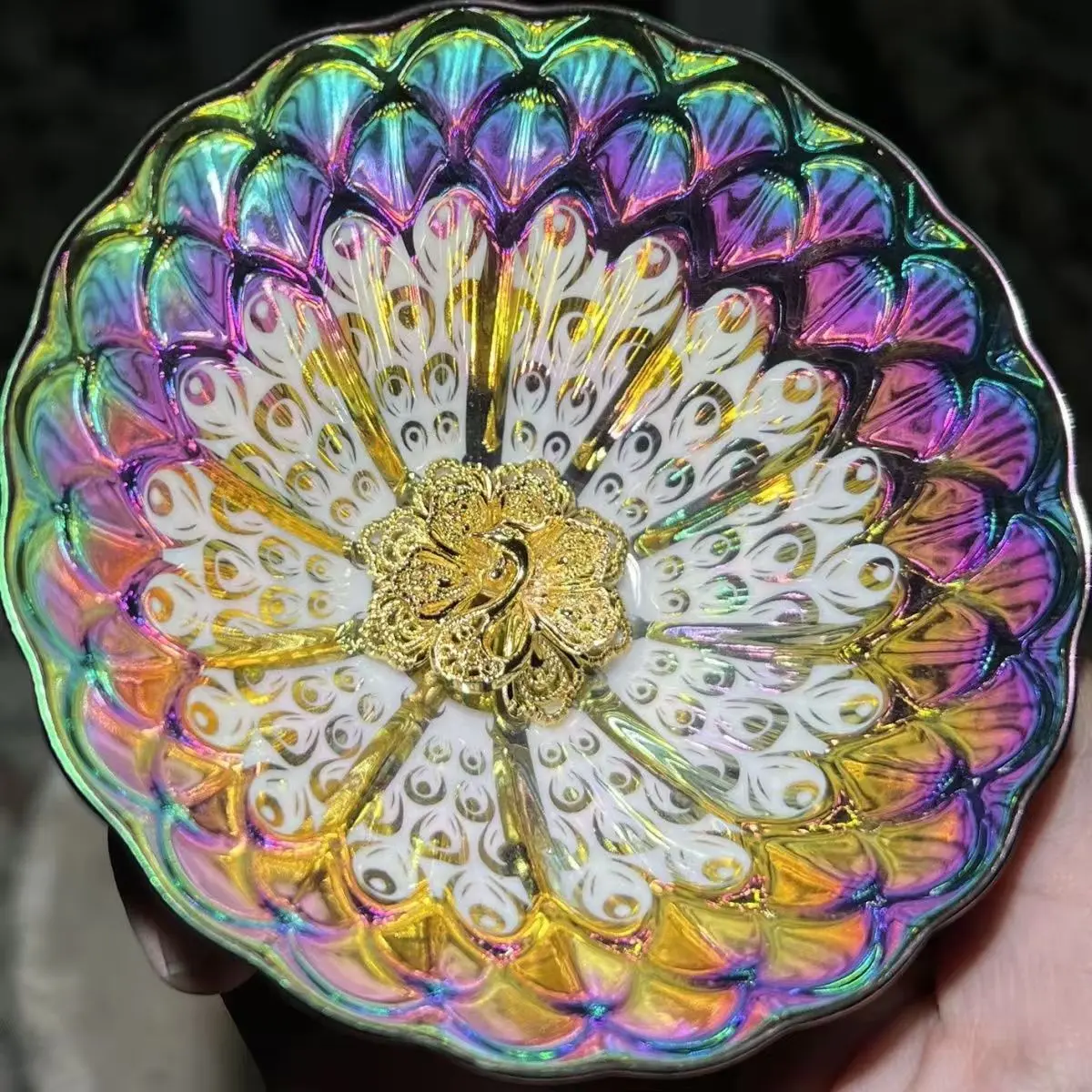 Elegant Rainbow Color Ceramic Tea Set, Peacock Feather Texture, Transparent Center, Traditional Chinese Kung Fu Tea Tray