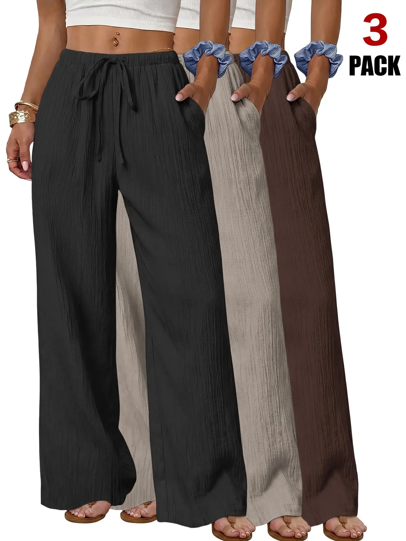 Women Casual Oversized Crinkle Fabric Wide Leg Baggy Lounge Pants, Elastic Waist Drawstring Adjustable, Loose Fit Loungewear with Side Pockets, Soft Breathable Home Wear