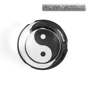 1pc Black White Split Yin Yang Symbol Round Glass Ashtray, Traditional Oriental Taoism Spiritual Decorative Crystal Tray, Zen Meditation Desktop Ornament for Home Tea Room Bedroom Decor & Unique Gift for Eastern Culture Lovers