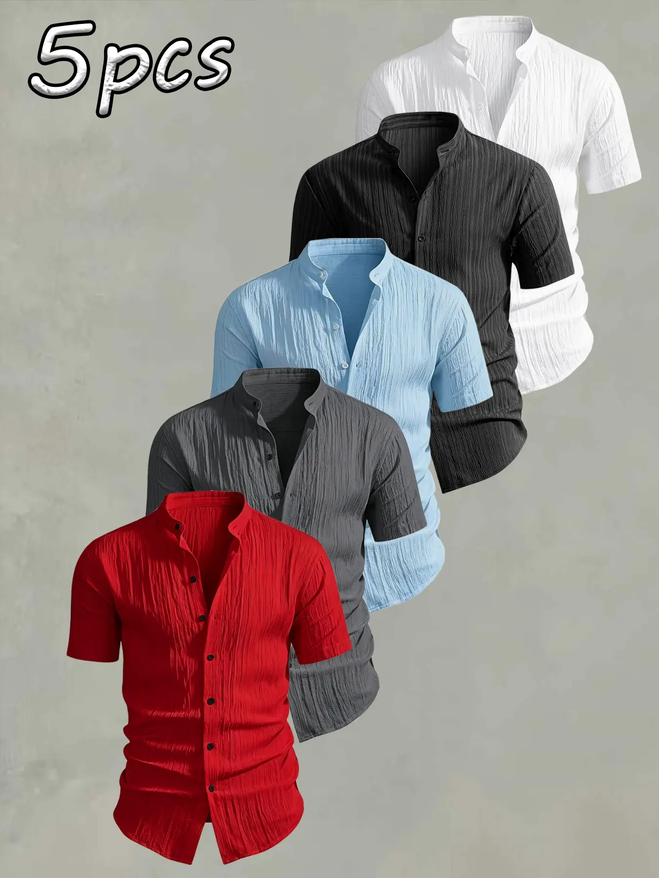 5-Pack Men's Summer Short Sleeve Shirts, Solid Color, Lightweight Breathable, Stand Collar Button Shirt, Ideal for Beach Poolwear