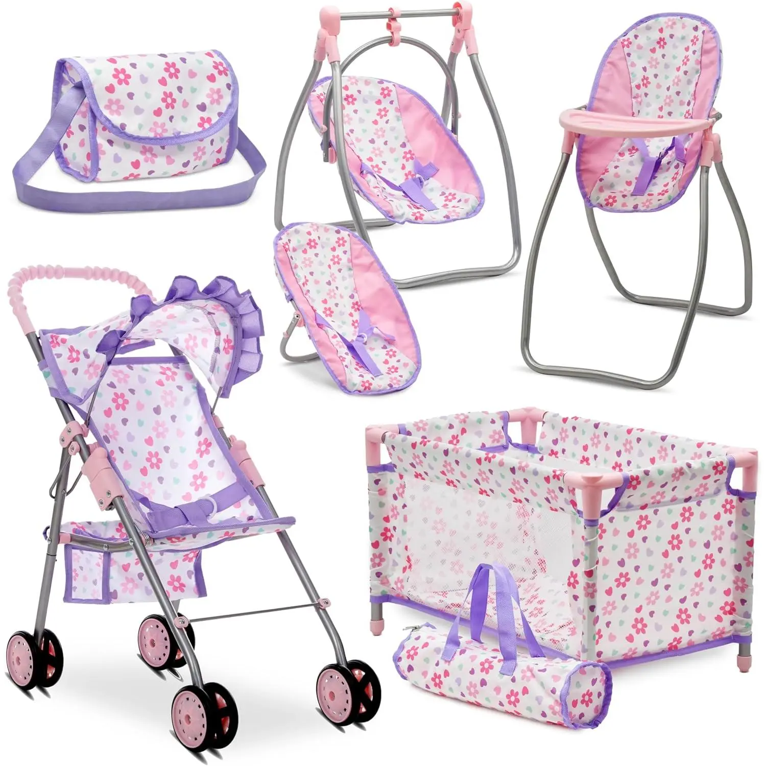 Baby Doll Stroller Bed and Swing Nursery Playset, Baby Doll Accessories Furniture Set Convertible High Chair Diaper Bag Role Play Deluxe Purple Doll Set