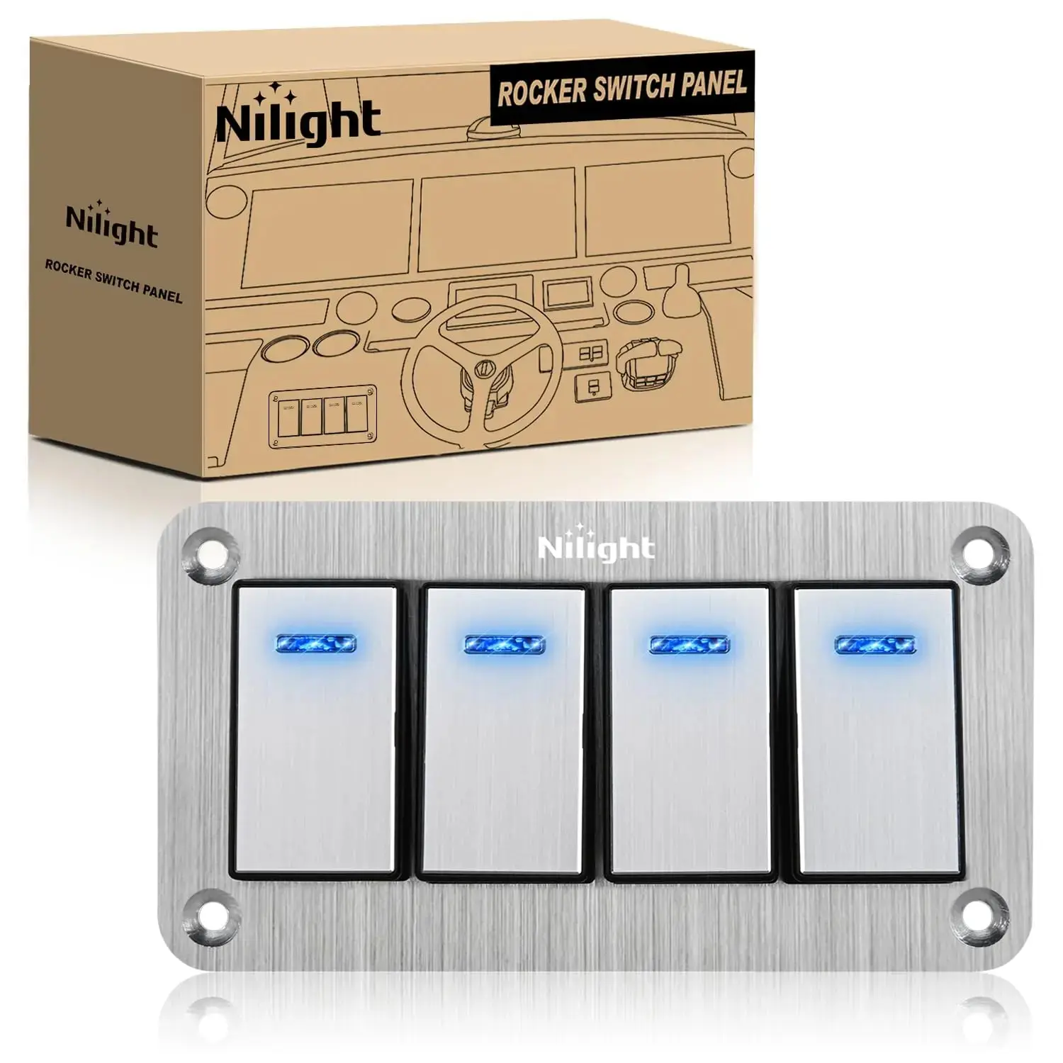 Nilight 4-Gang Aluminum 3-Pin ON/OFF Blue LED Rocker Switch Panel with DIY Stickers - Durable, Waterproof for Automotive SUV, Motorcycle, Marine Vessels