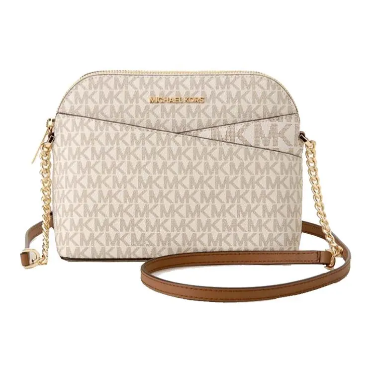 Michael Kors MK Jet Set Travel Crossbody Bag for Women – French-Inspired Chain-Trimmed PVC Monogram Shell Bag in Vanilla White