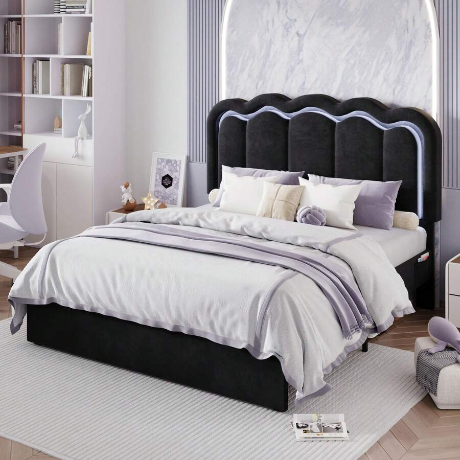 LED Light Bed Frame with Adjustable Wavy Velvet Headboard, Noise-Free Wooden Slat Support, No Box Spring Required, Easy Assembly, Twin/Full/Queen Sizes, Black Bedroom Furniture LED Light Bed Frame with Adjustable Wavy Velvet Headboard, Noise-Free Wooden Slat Support, No Box Spring Required, Easy Assembly, Twin/Full/Queen Sizes, Black Bedroom Furniture
