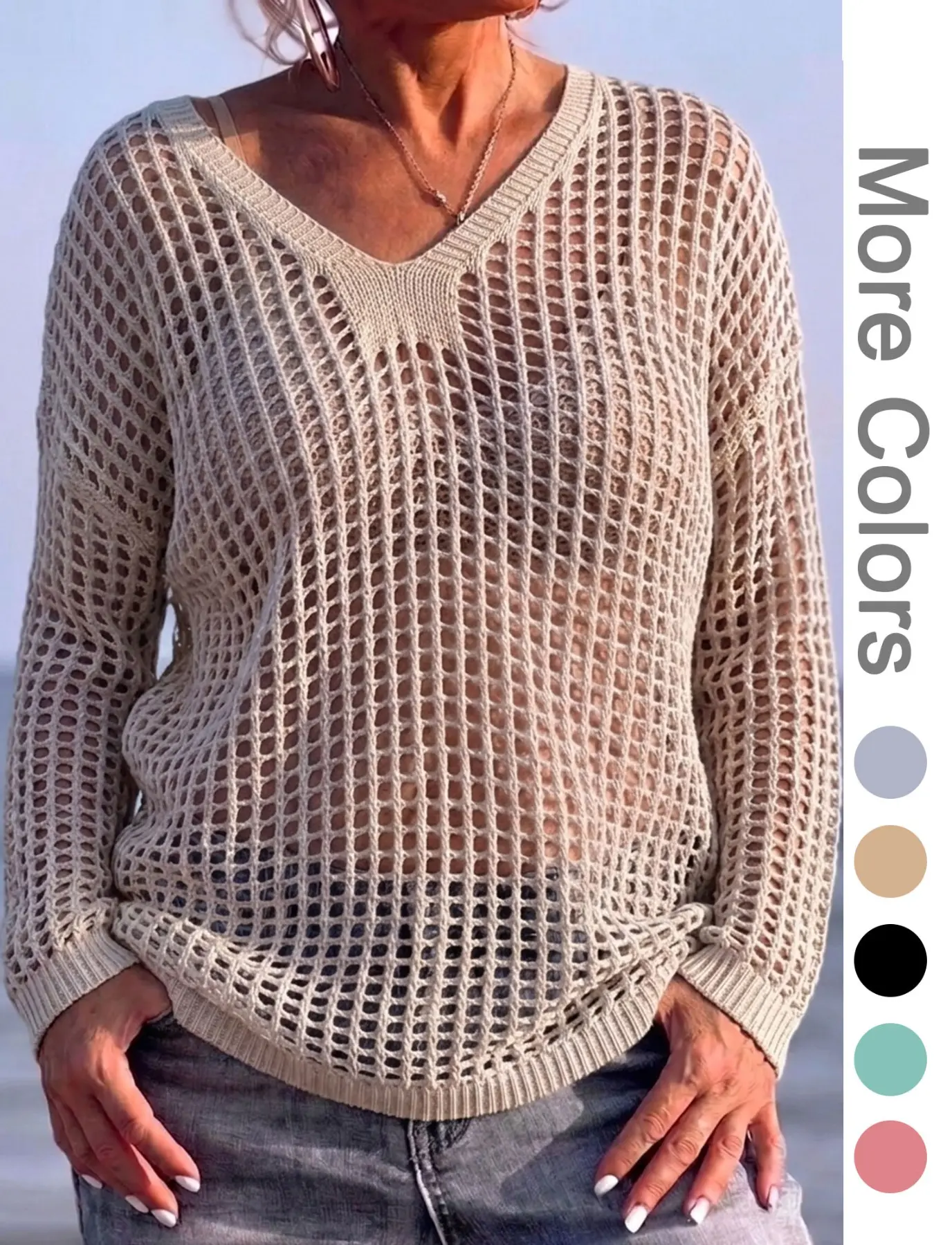 Bohemian Loose-Fit Large Mesh Crochet Knitted Sweater, Long Sleeve V-Neck Casual Vacation Top, Boho Style Solid Unlined Pullover