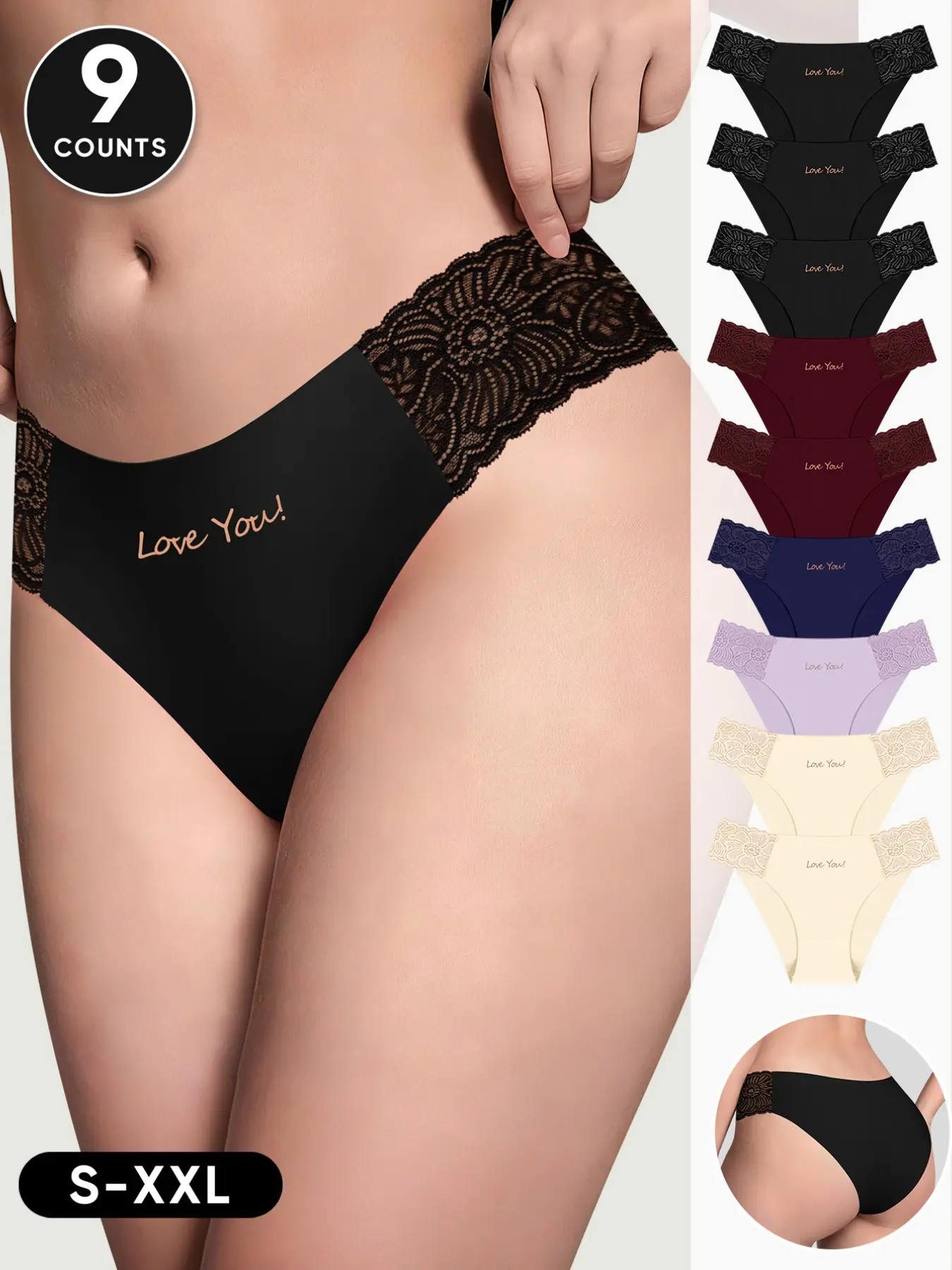 9-Pack Side Lace Seamless Print Briefs, S-Xxl, Triple Essential Color, High Elastic Fitted Women's Triangle Underwear, Panties
