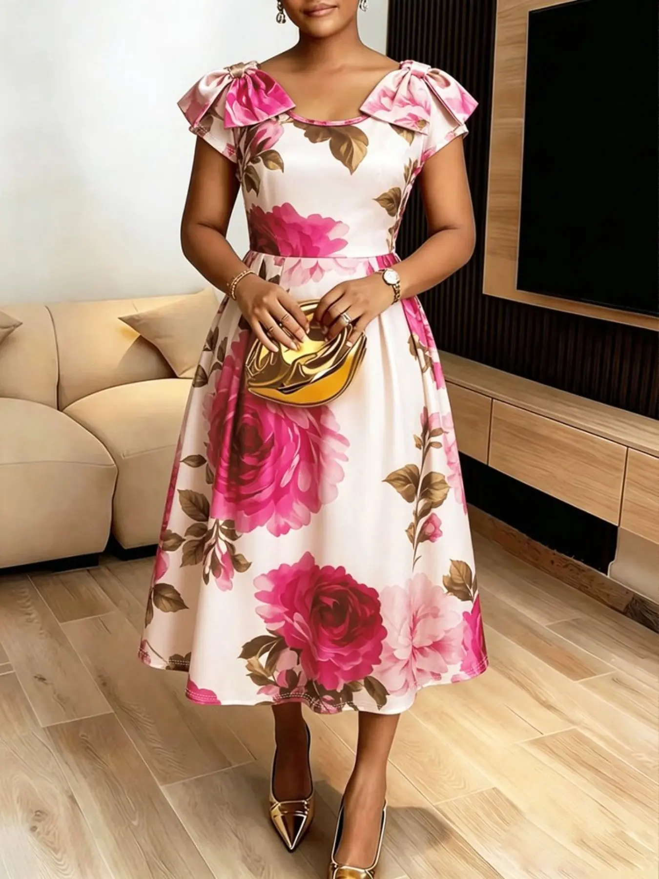 Women's Long Formal Dress with Large Rose Floral Print, Square Neckline, High Waist Design, A-Line Skirt, Elegant, Chic Style for Church Weddings