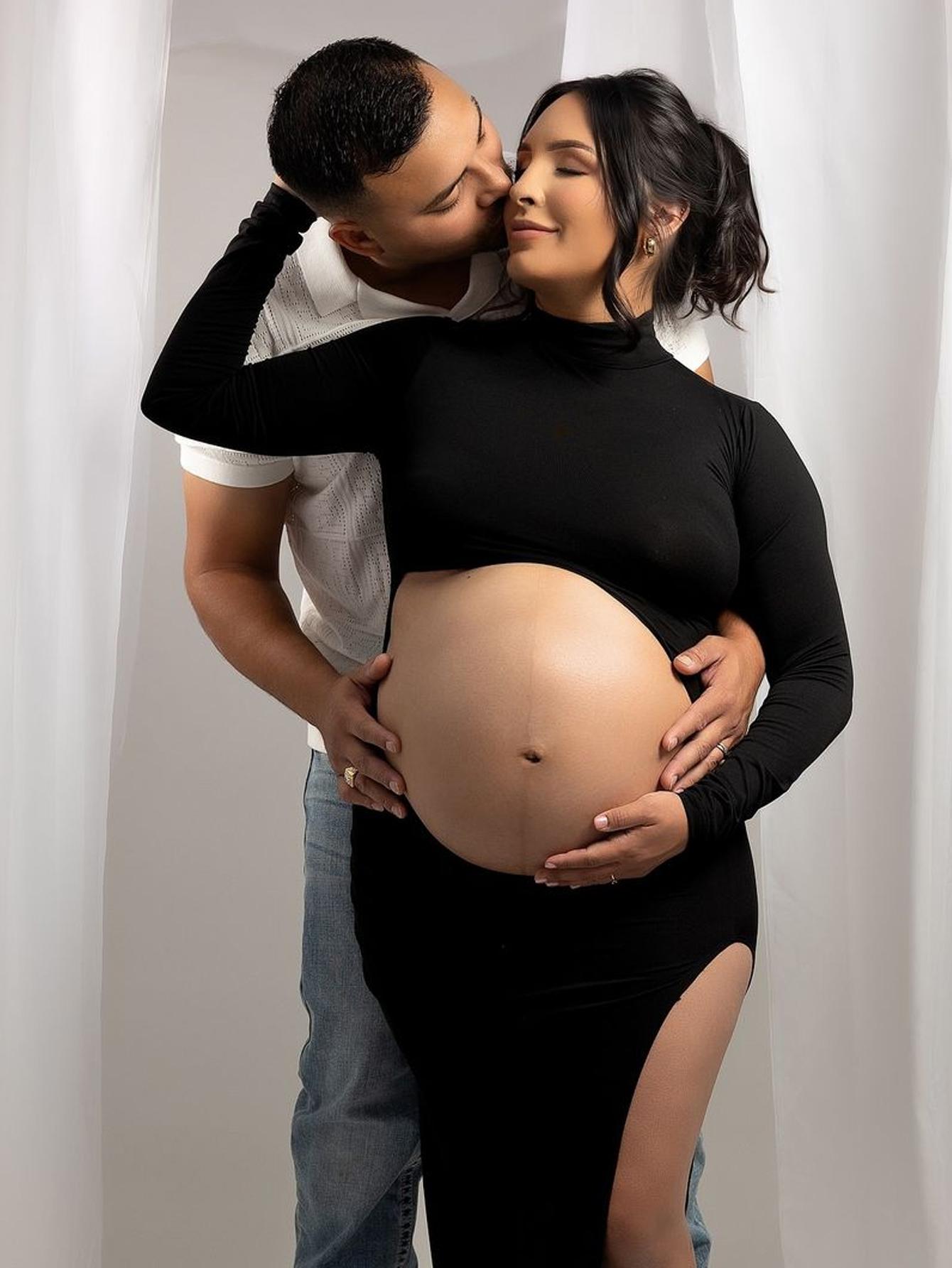 Maternity Photography Dresses Long Sleeve Mock Neck Side Split Showing Belly Pregnant Sexy Gown For Photoshoot Baby Shower