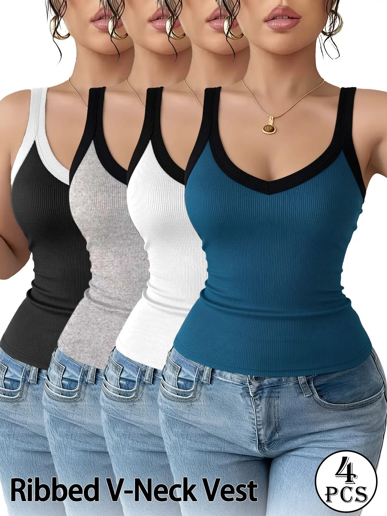 4 Pack Women Contrast Trim V Neck Ribbed Tank Tops Color Block Slim Layering Cami Vests Without Chest Pad