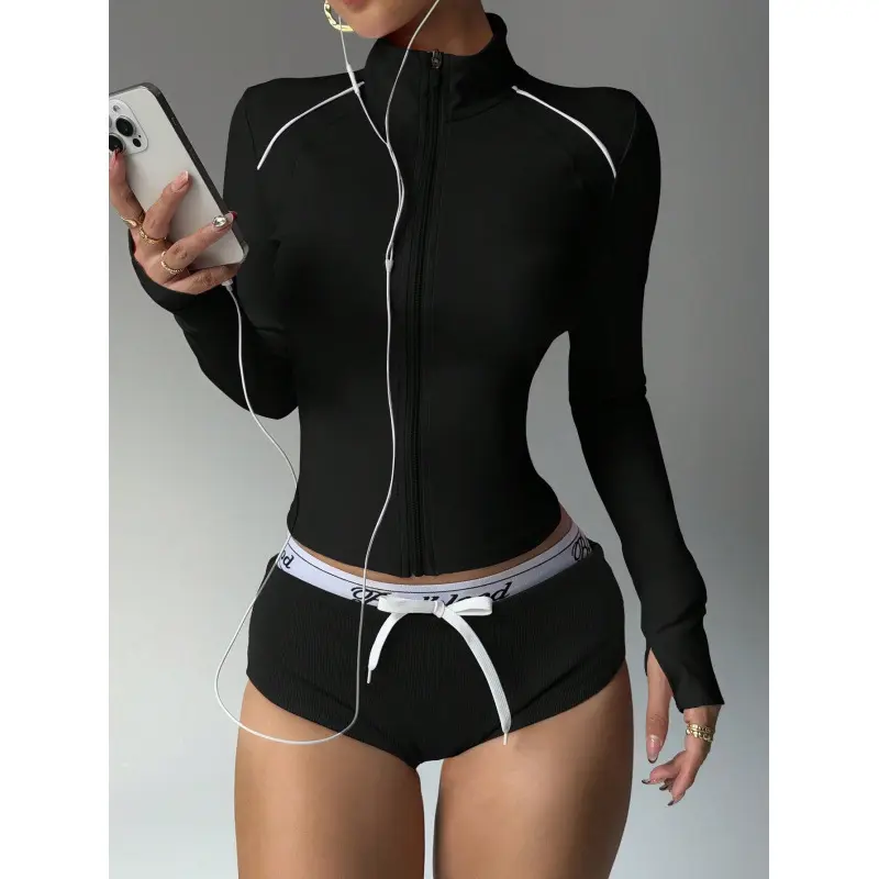 Women Zip‑Up Quick‑Dry Long‑Sleeve Workout Jacket Yoga Top, High Neck Contrast Piping Cropped Athletic Top, Slim‑Fit Thumb Hole Sports Yoga Jacket for Gym, Fitness, Running and Streetwear
