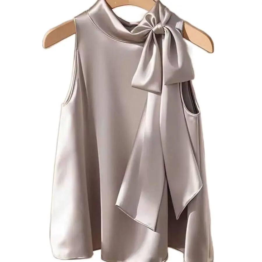 Sleeveless Solid Color Blouse for Women, Fashion Shirt with Elegant Satin Bow Tie Detail