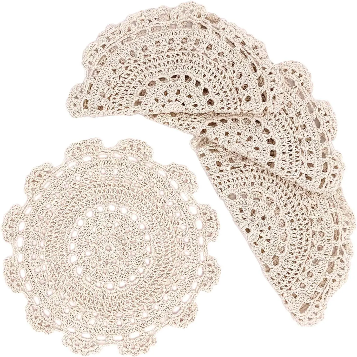 10 Inch Handmade Crochet Round Cotton Lace Table Placemats Doilies Pack of 4, Beige