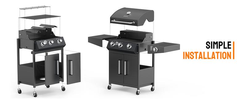 ROVSUN 3 Burner Propane Gas Grill with Side Burner, 46,000BTU BBQ Grills with Enameled Cast Iron Grates, Shelf & Cabinet for Outdoor Garden Patio Backyard Barbecue Cooking