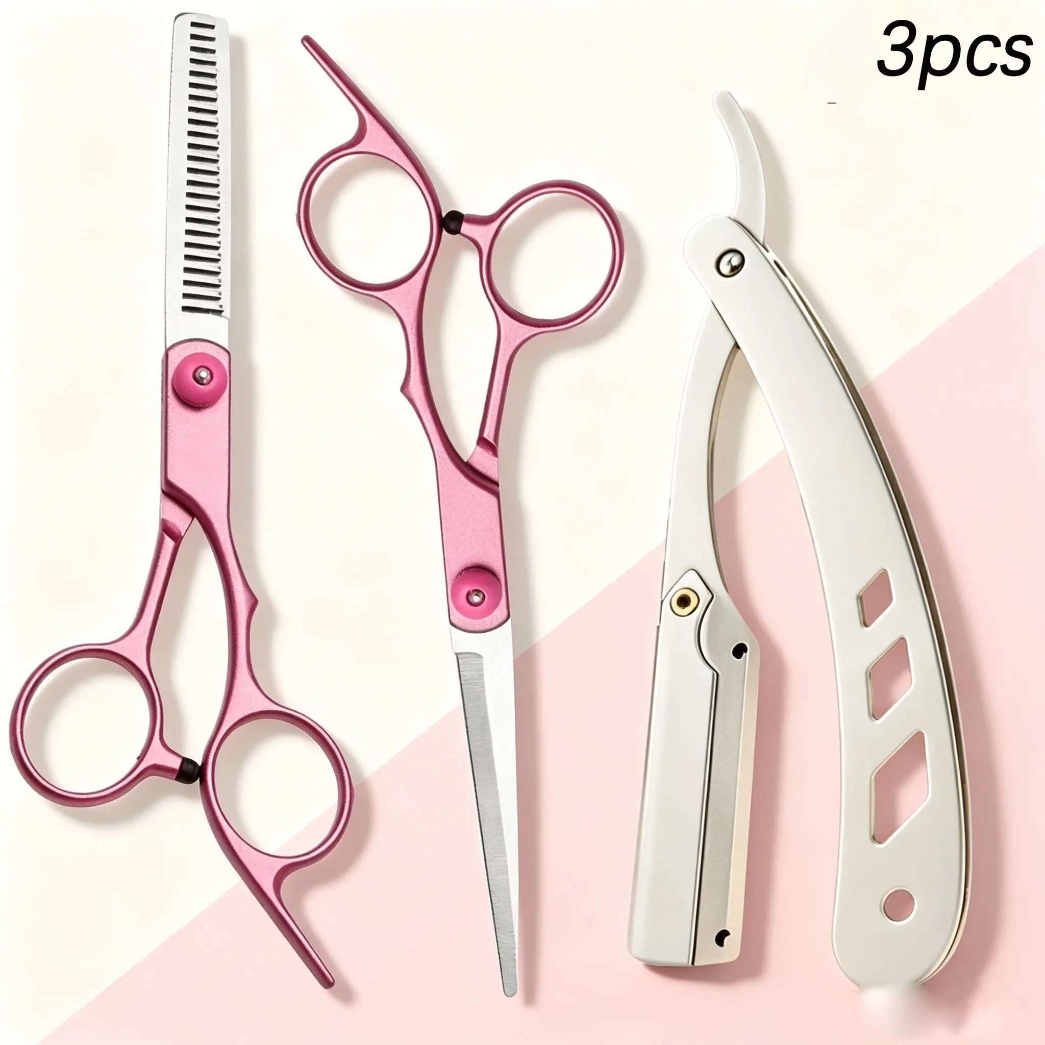 3pcs Hair Styling Tools, Barber Flat Shears, Tooth Comb Trimmer, Thinning Scissors, Foldable Vintage Manual Razor, Home Salon Use