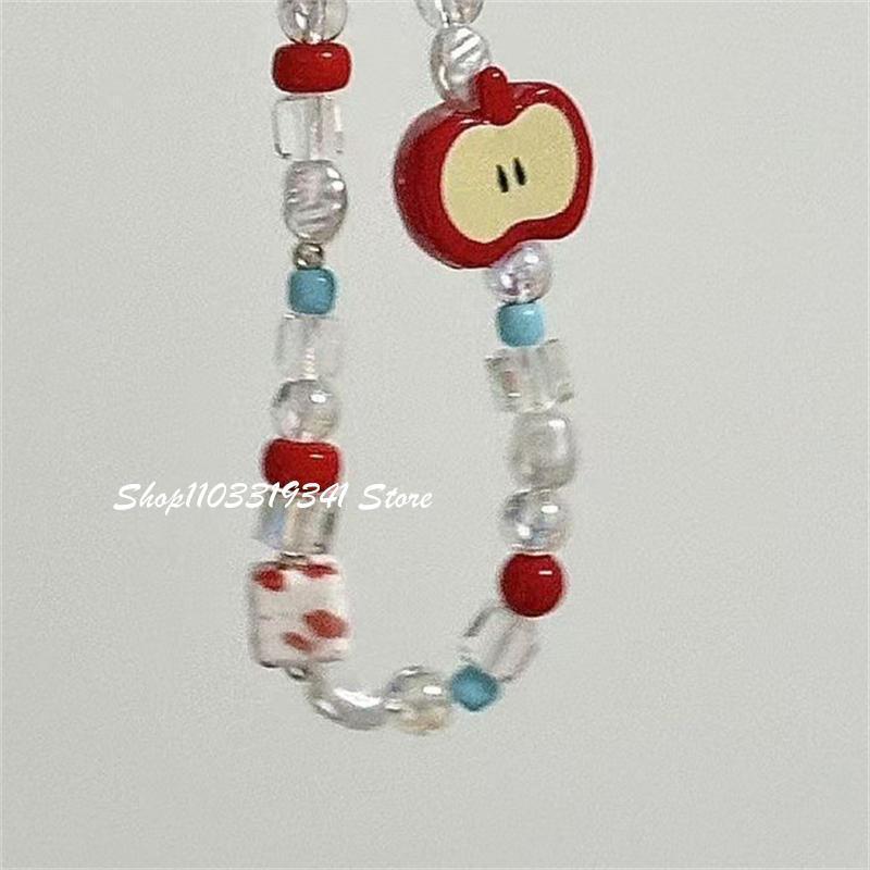 Korean Cute Apple Pearl Beaded Phone Charms Chain For iPhone 16 15  Accessories Phone Strap Anti-Lost Lanyard Hanging Rope Girl