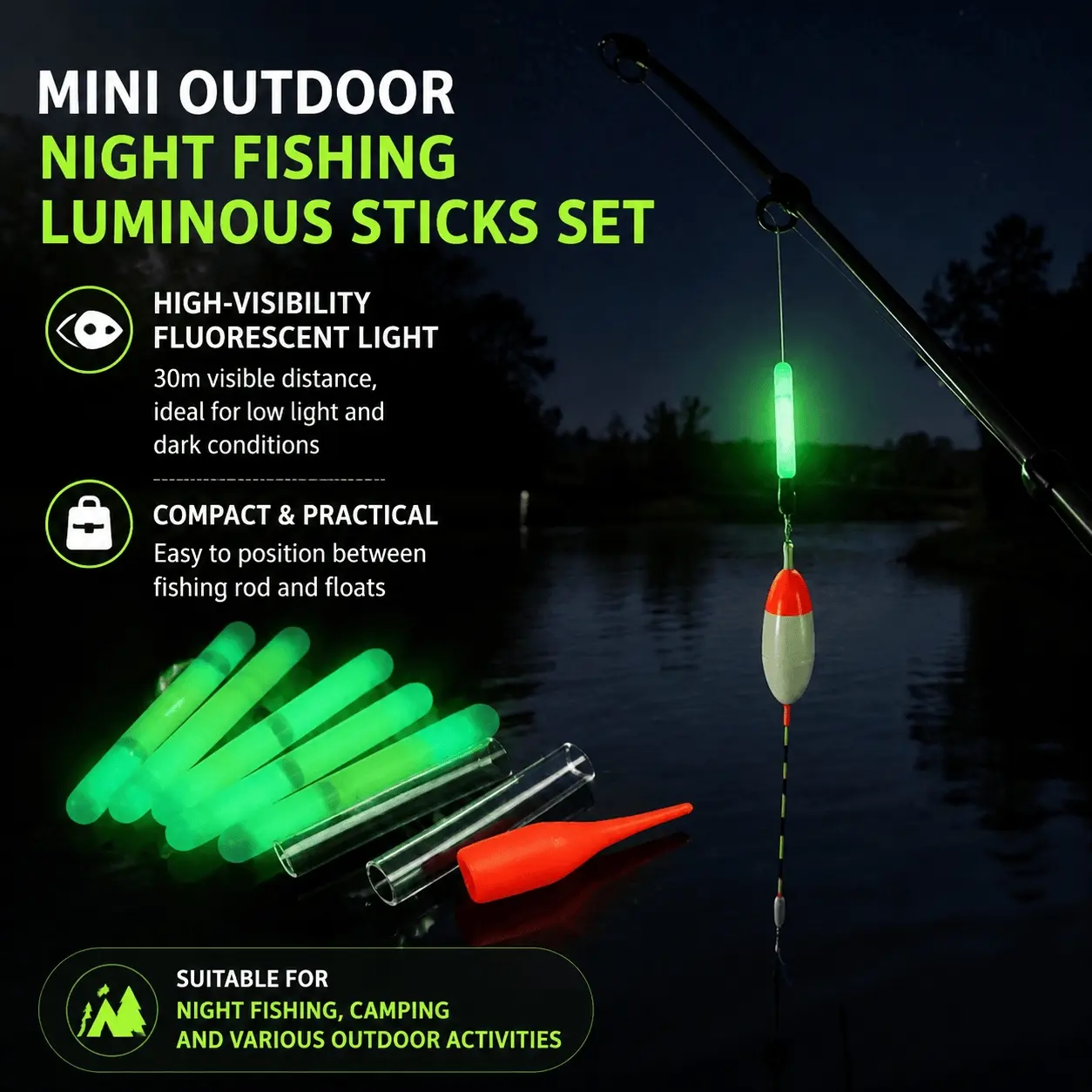Portable 5-Piece Night Fishing Kit: 30m Visible Glow Sticks, Tangle-Free Mini Fluorescent Bobbers & Professional LED Fishing Light Accessories for Night Anglers