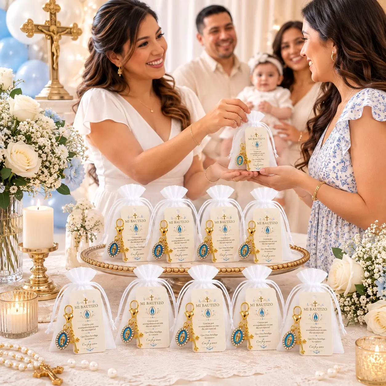 10/20 Sets Baptism and Christening Favors, Blue Virgin Mary & Gold Cross Keychain Set with Spanish Thank You Cards and White Organza Bags, Catholic First Communion Guest Gifts, Baby Shower Favors, Religious Party Souvenirs