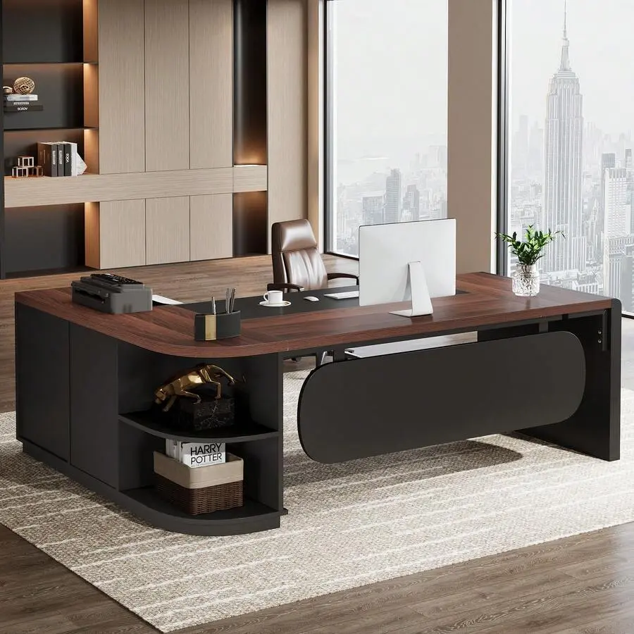 Large L-Shaped Desk, 80'' Executive Office Desk With 55'' Drawers Cabinet, Modern Computer Table With Storage Shelves Home Office, Walnut & Black