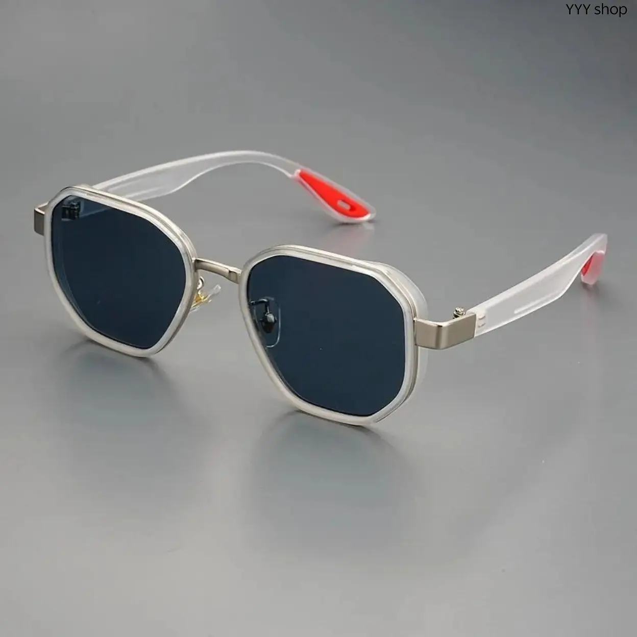 Unisex Clear Frame Geometric Polygon Sunglasses with Metal Trim,  TR90 Lightweight UV400 Anti-Glare Dark Lens Shades, Non-Slip Temple Tips Retro Sport Eyewear For Driving Fishing Travel Daily Casual Summer Outdoor Wear,summervibes