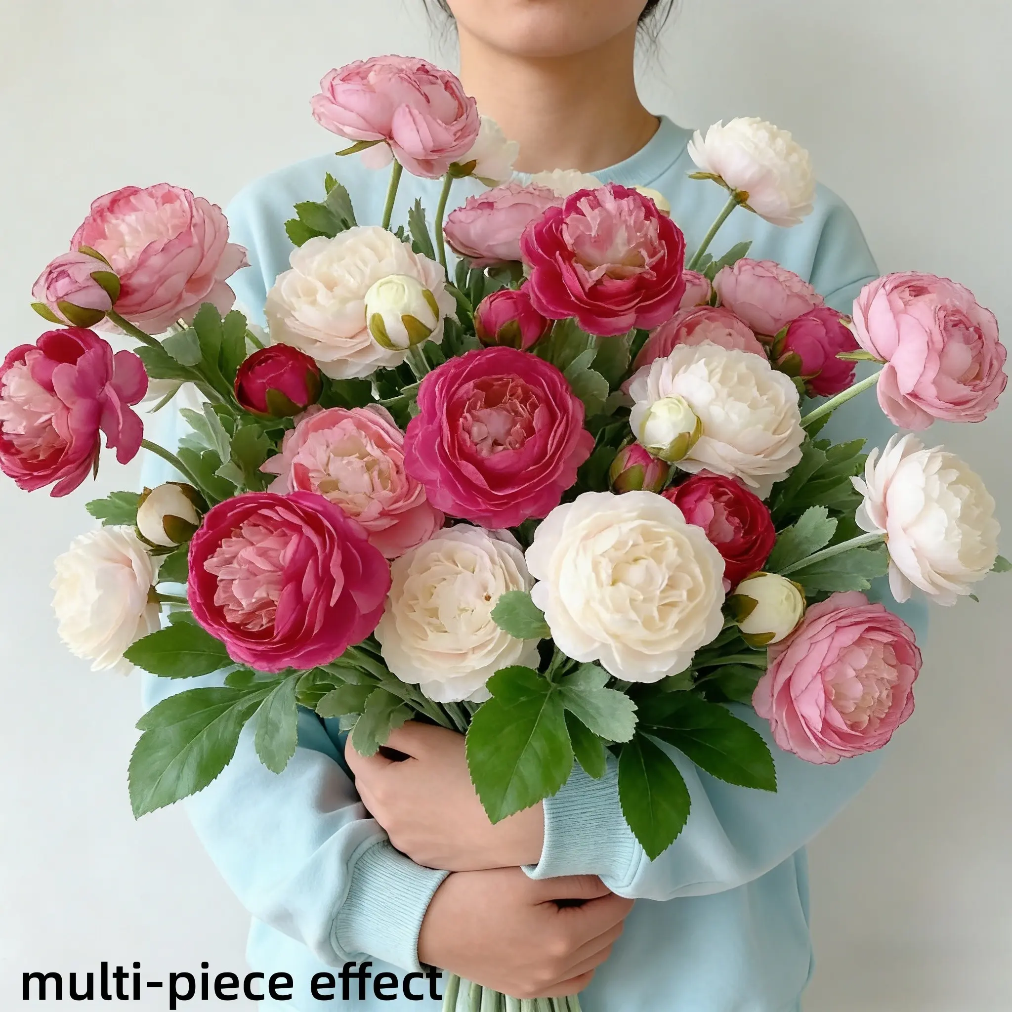 3-Bouquet Set of Spring-Themed Flocked Multicolor “Lotus” Ranunculus Artificial Peony Bouquets, Faux Flowers Set | Three-Headed Design Artificial Flowers | Natural, Lifelike Texture | Wedding Bouquet Decorations | Centerpiece for Home Living