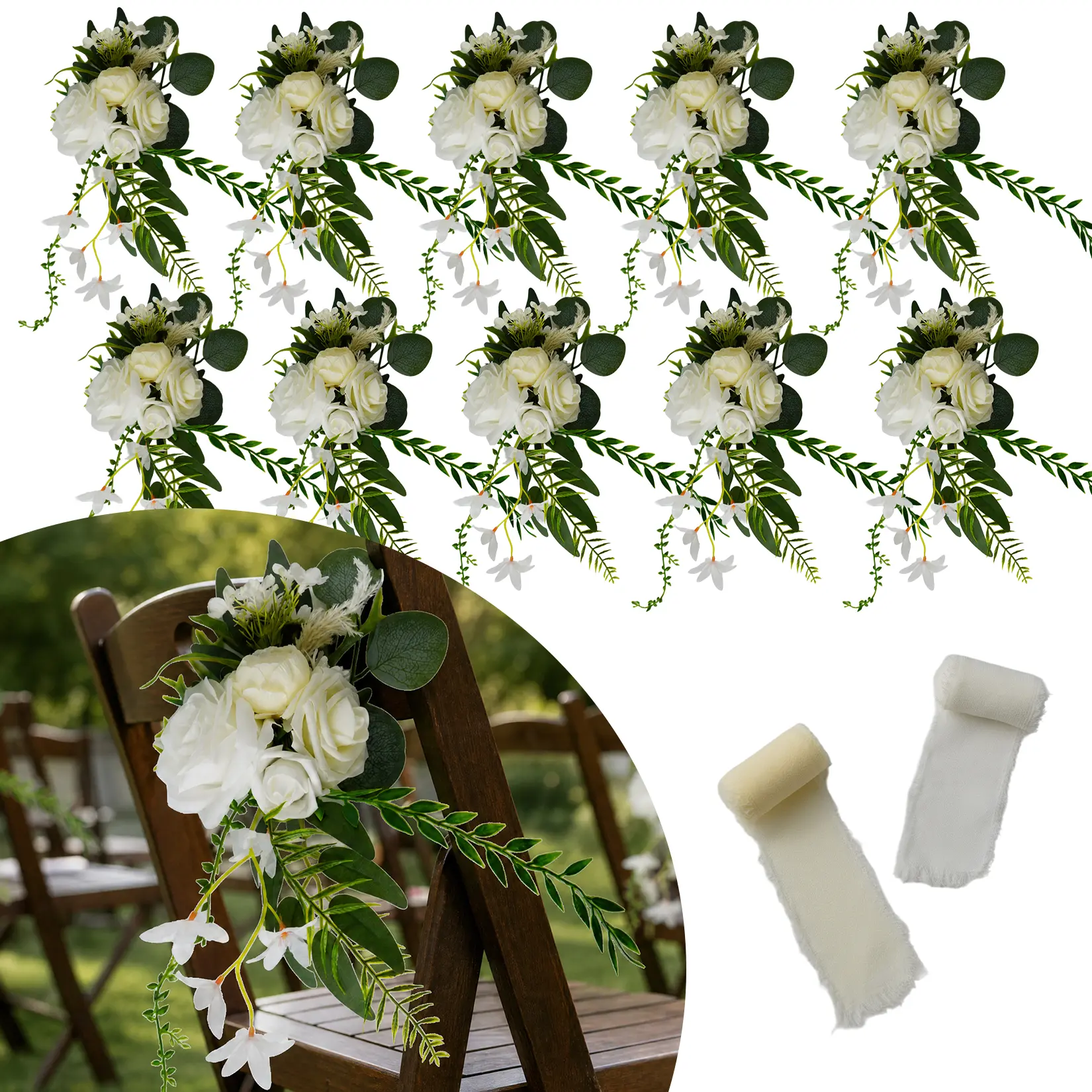 10-Pack Decorative Artificial Floral Wedding Pew Flowers Set, 14cm Wine Red Rose & Eucalyptus Hanging Chair Bouquets with Chiffon Ribbon, Reusable Church Aisle Plants Decor, Silk