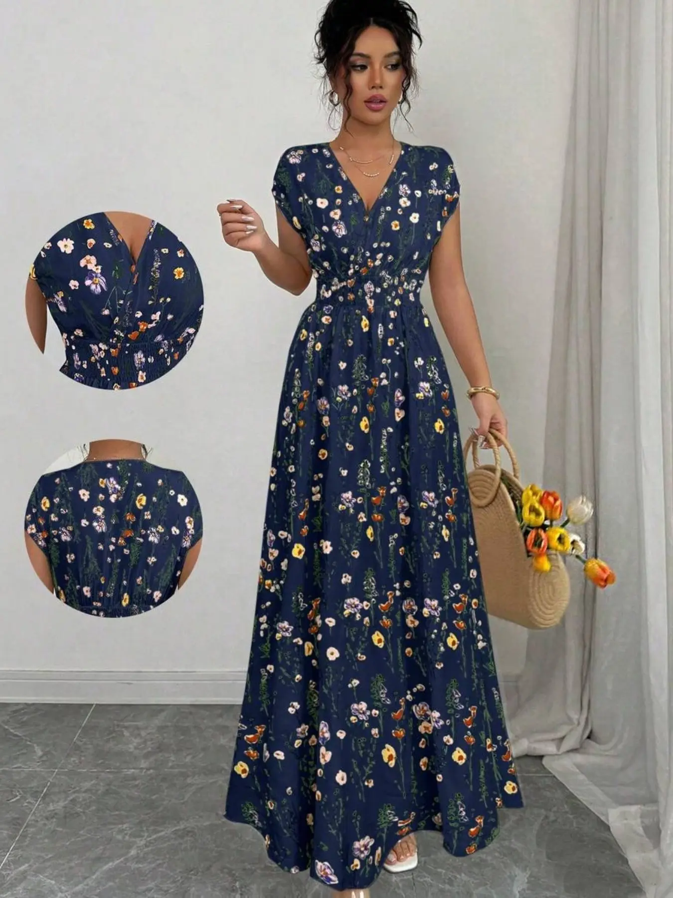 Women's Floral V-Neck Sleeveless Waist-Cropped Long Dress, Boho Style Casual Wear Summer Dress, Perfect for Vacation Tea Parties, Boho Printed Dress