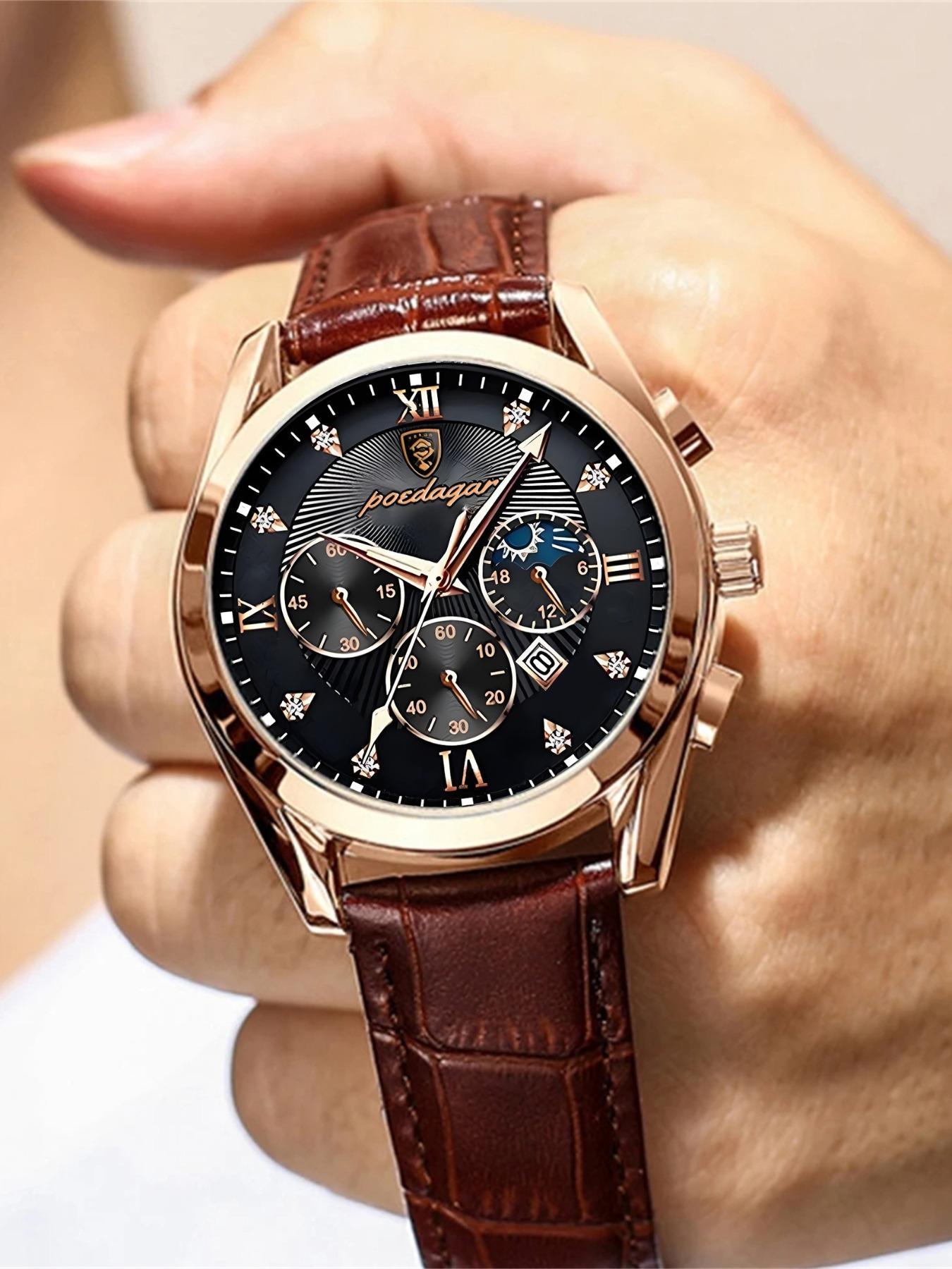Classic Leather Men's Watch, Business Fashion Watches, Strap, Luminous Analog Watch, Luminous Hands, Calendar Function, Stainless Steel Case, Quartz Movement, Business Style Gift, Quartz Analog Wristwatch detail 5