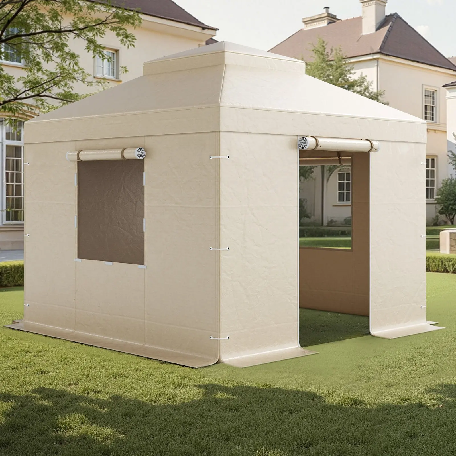 Winter Gazebo Cover Fits 10x 10 ft Hardtop Gazebos, All-Weather Double-Tiered Gazebo Cover with Sidewalls Mesh Windows, High-Density PE Enclosed Storage Shelter Covers, Gazebos not Included