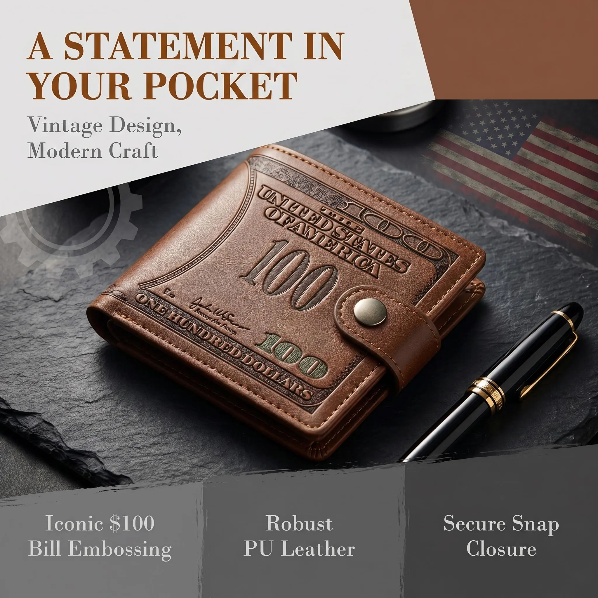 Men's Slim Ultra-Thin Chic Retro PU Leather Business Bifold Wallet - 100 Bill Embossing, Reinforced Stitching, Multiple Card Slots, ID Window, Snap Closure, Everyday Carry for Modern Businessmen, Stylish Gift
