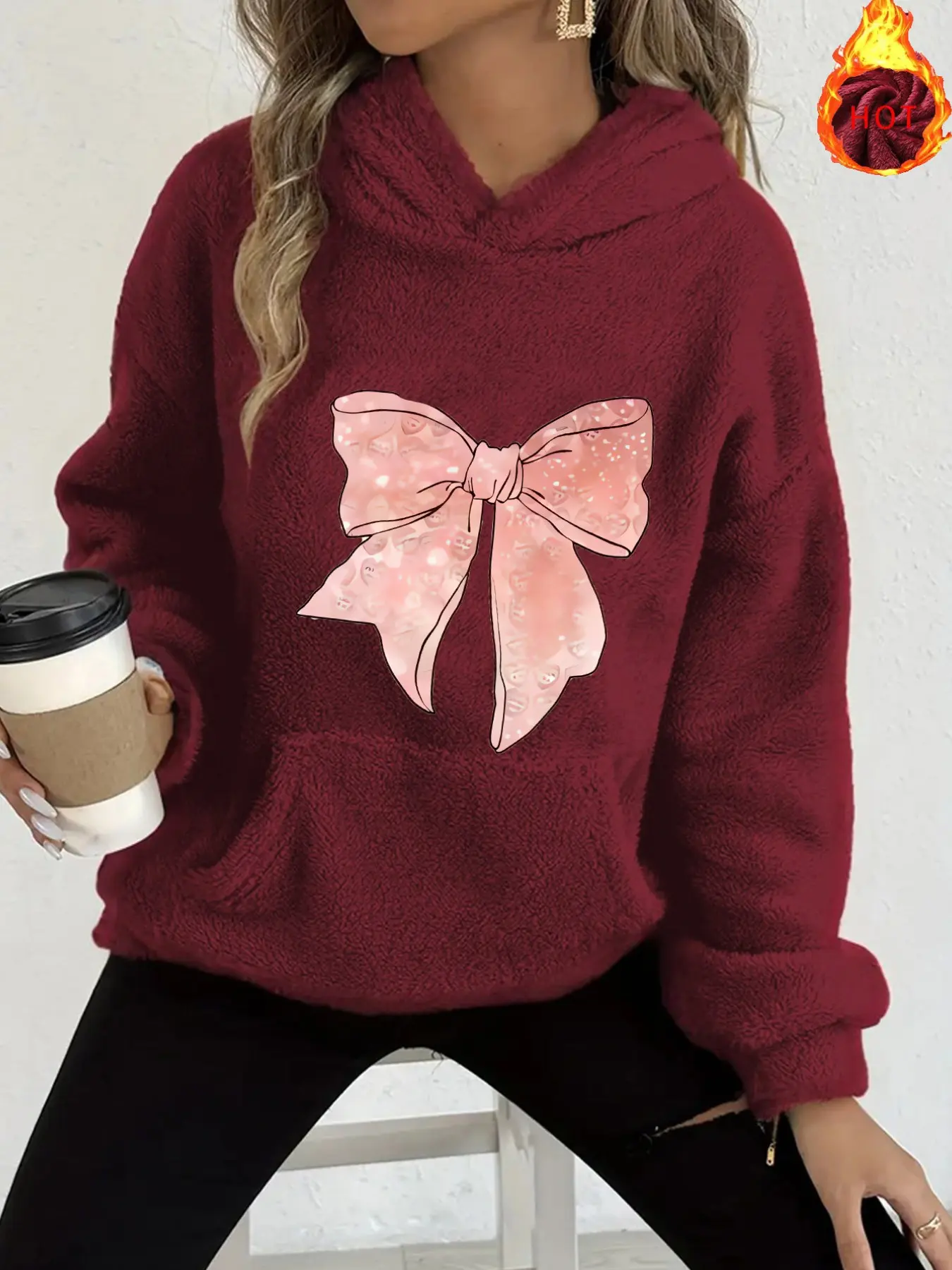 Y2K Flannel Hoodie, Sparkly Texture Bow, Coquette Style, Kangaroo Pocket, Soft Warm, Loose Fit, Fall Winter Fashion