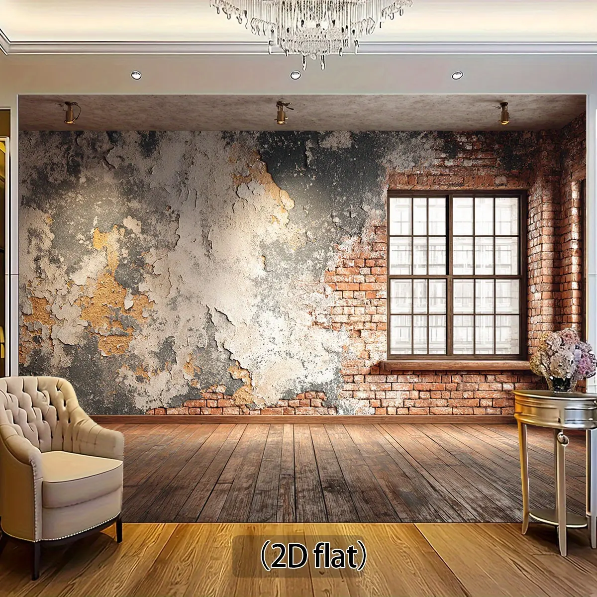 2D Flat, 1pc Industrial Brick Wall & Rustic Floor Photography Backdrop with Distressed Window - Horizontal Suitable for Studio Background, Event Decoration, Photo Shoots - Fabric Brick Wall Panel for Studio Decor, 2D Flat