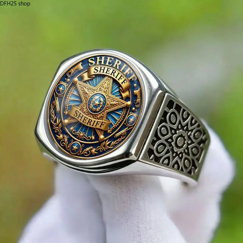 Vintage Sheriff Star Badge Signet Ring, Western-Inspired Printed Statement Design with Ornate Detailing for Unisex Daily Wear and Costume Styling