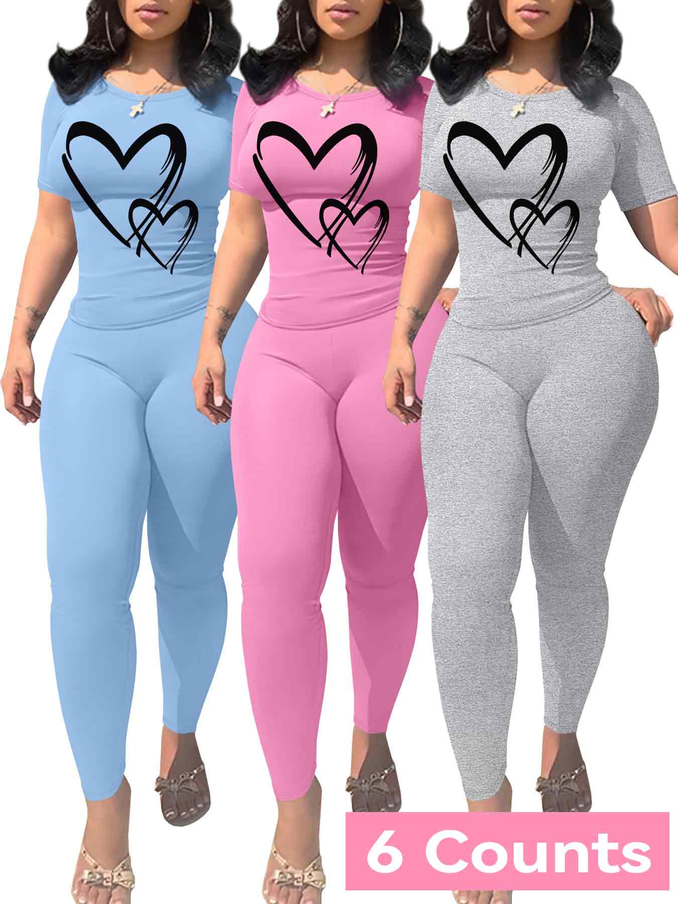 Women's Heart Print Crop Tee & Skinny Pants Set, Casual Short Sleeve T-shirt & Leggings, Ladies Summer Everyday Clothes for Daily Wear, Fit, Womenswear, Polish