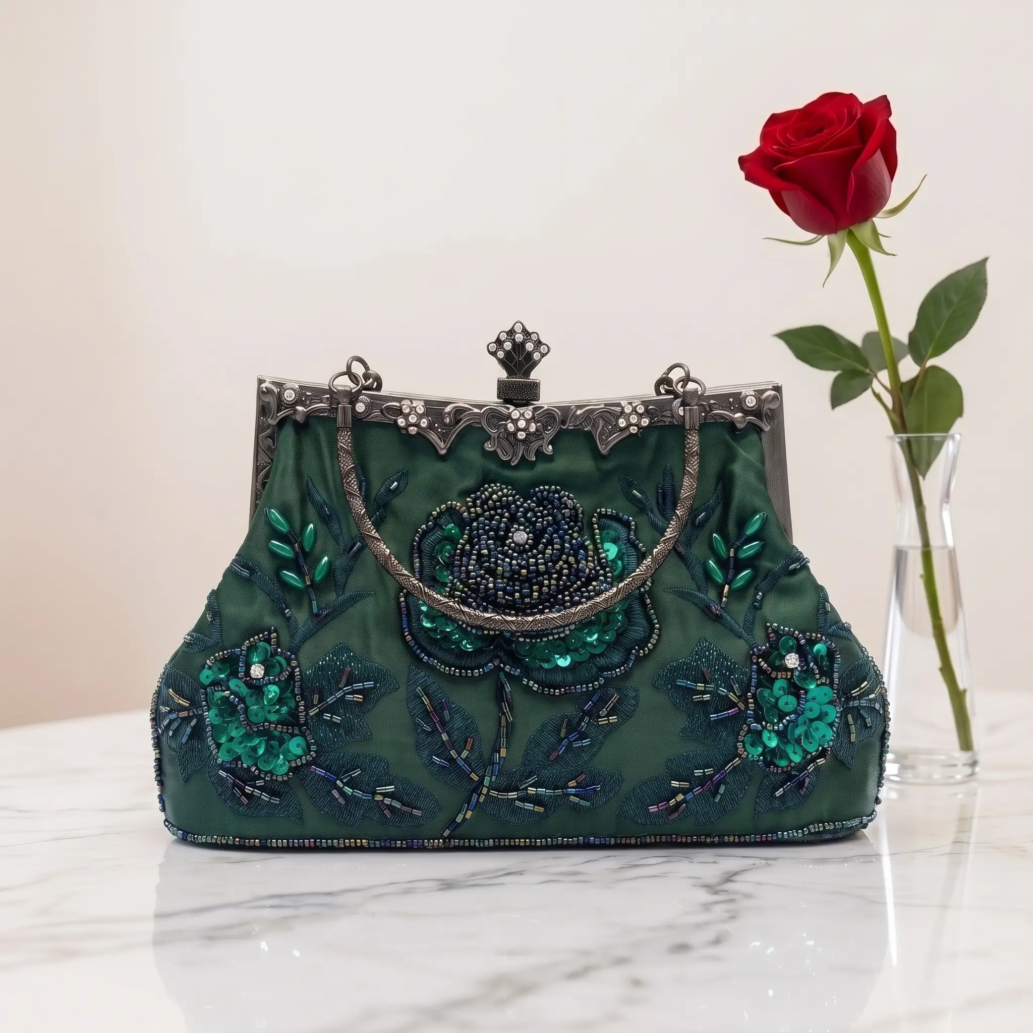 Vintage Beaded Evening Bag Hand Embroidered Mini Square Crossbody For Daily Wear Lock Buckle Closure Sequins Rhinestones