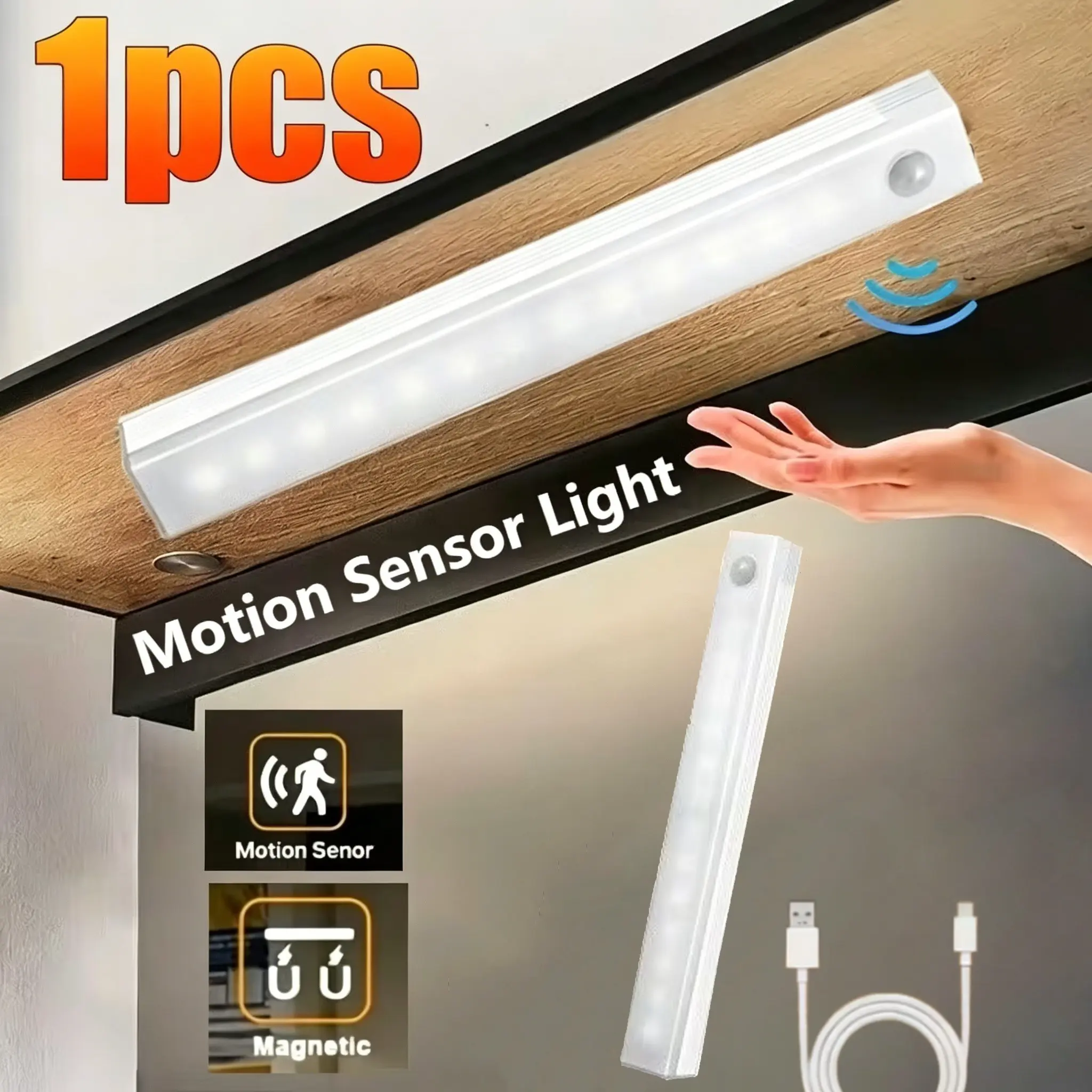 USB Rechargeable Wireless Cabinet Light, Smart LED Motion Sensor Lamp, Magnetic Self-Stick Closet Light, Shelf Light for Vanity, Room, Kitchen Table
