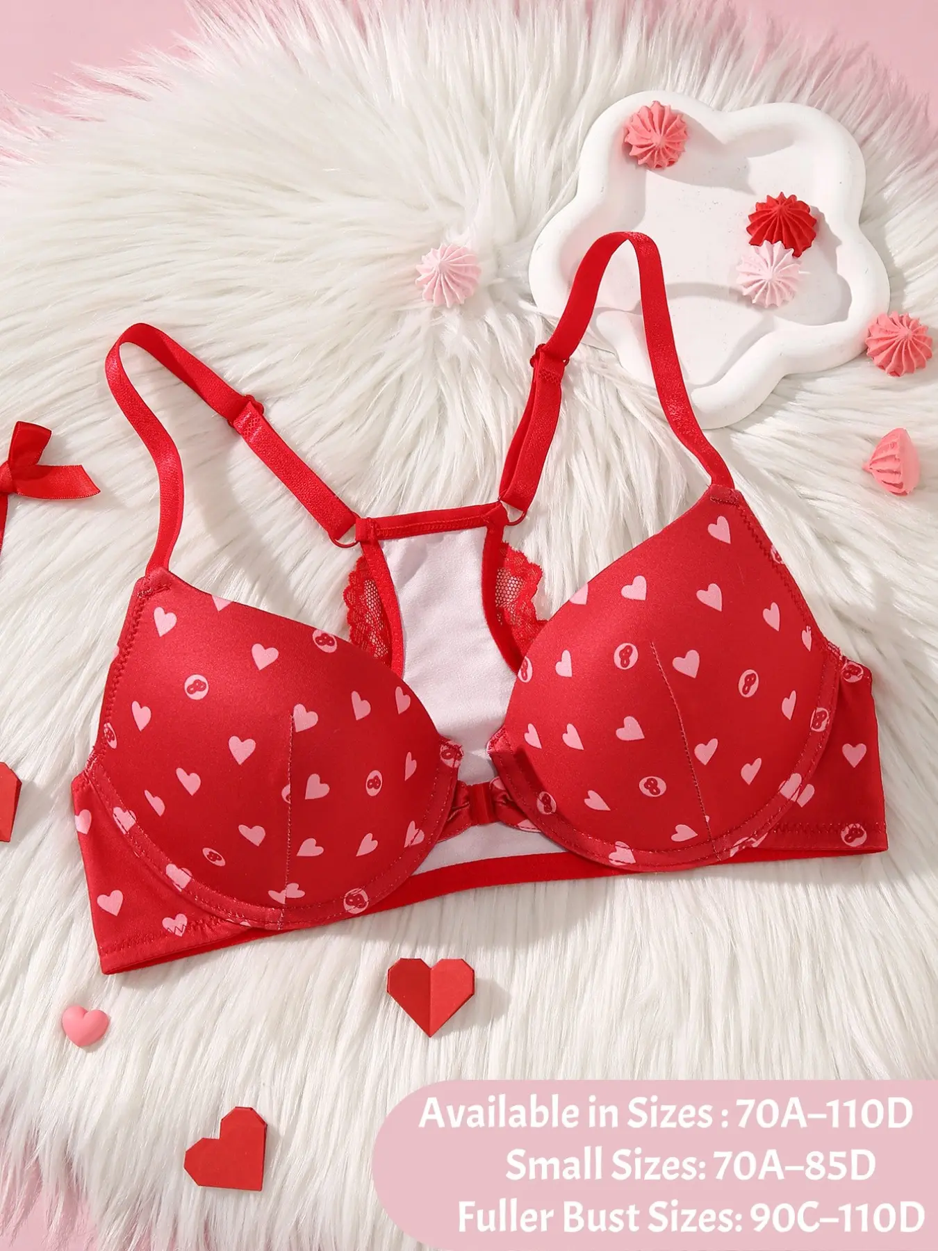 Women's Front Closure Push-Up Bra, 3/4 Cup Underwire Support, Red Heart Print Lingerie, Side Smoothing Design, Seamless U-Back, Comfortable Daily Wear, Comfy Bras (70A–110D)