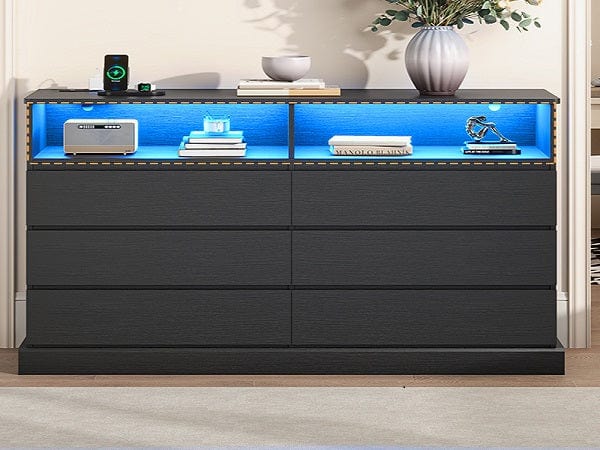 LED Dresser with  Charging Station Black Modern Chest Drawers Wood Cabinet Chest