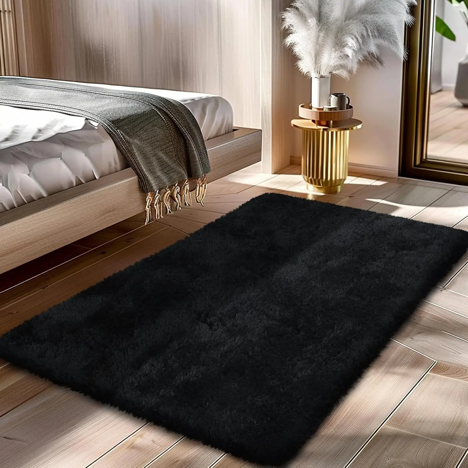 2'*4' Black Soft Fluffy Shag Area Rug, Small Plush Bedside & Entryway Throw Carpet for Bedroom and Living Room Home Decoration