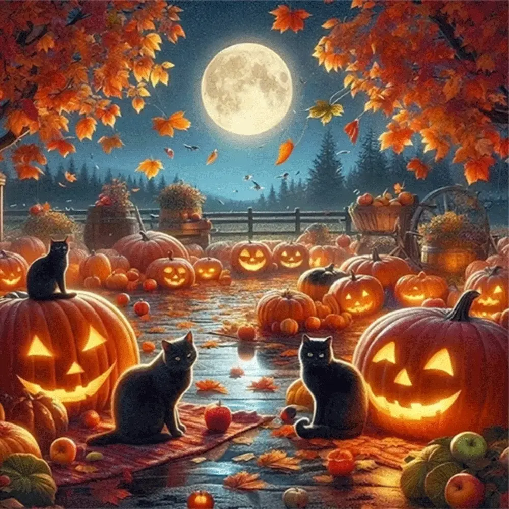 1PC,2D Halloween Diamond Painting Kits for Adults Kids Full Drill Round Rhinestone Embroidery Art Craft Decorations with Black Cats Pumpkins Moon Autumn Leaves Scenery DIY Diamond Dotz Kits for Home Wall Decor