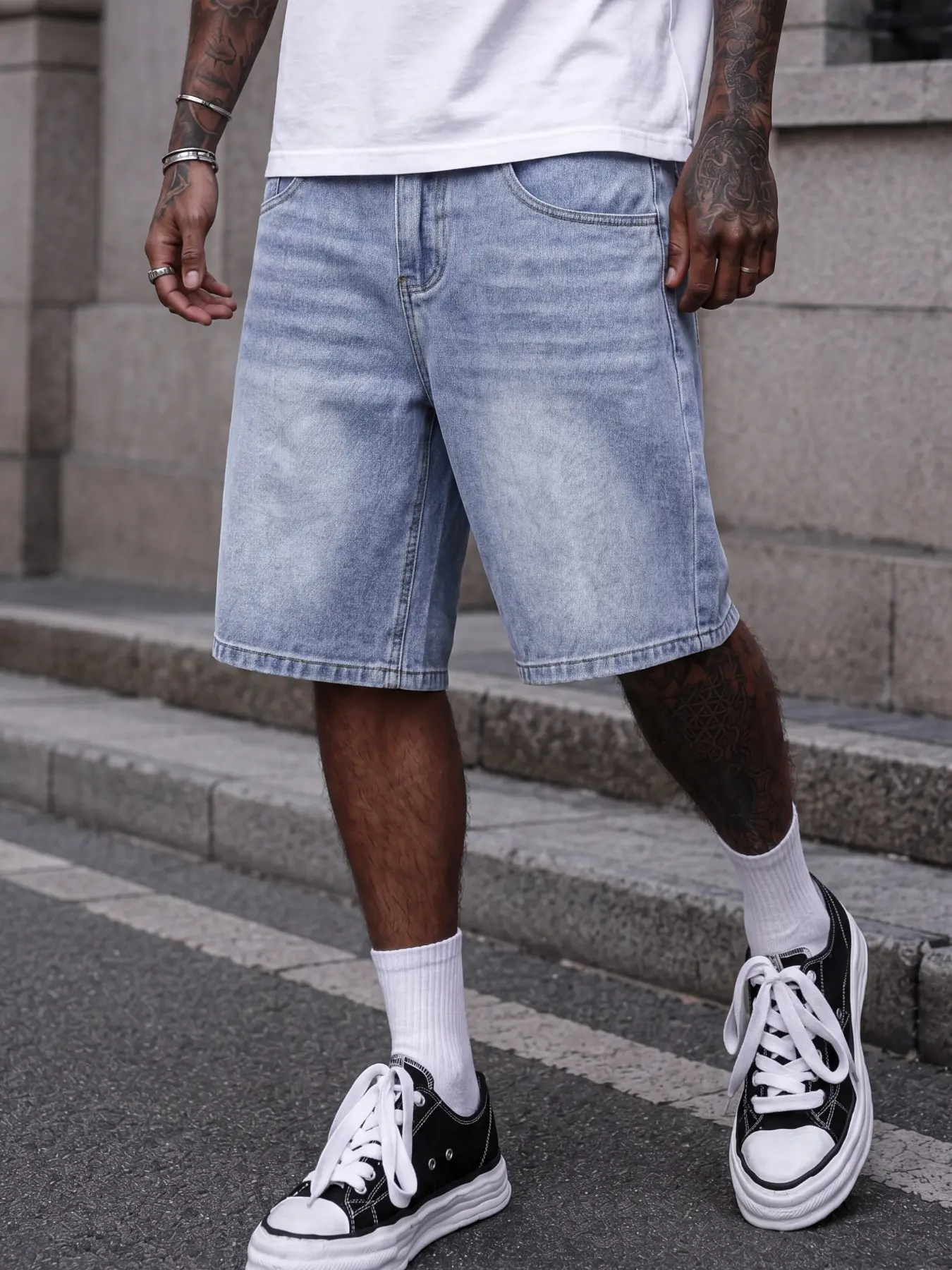 Men's Light Blue Baggy Denim Shorts, Street Style Loose-Fit Jorts, Relaxed Mid-Rise Bottoms, Soft Lightweight Fabric, Minimalist Versatile Skate Shorts, Fashion Summer Shorts for Daily Wear