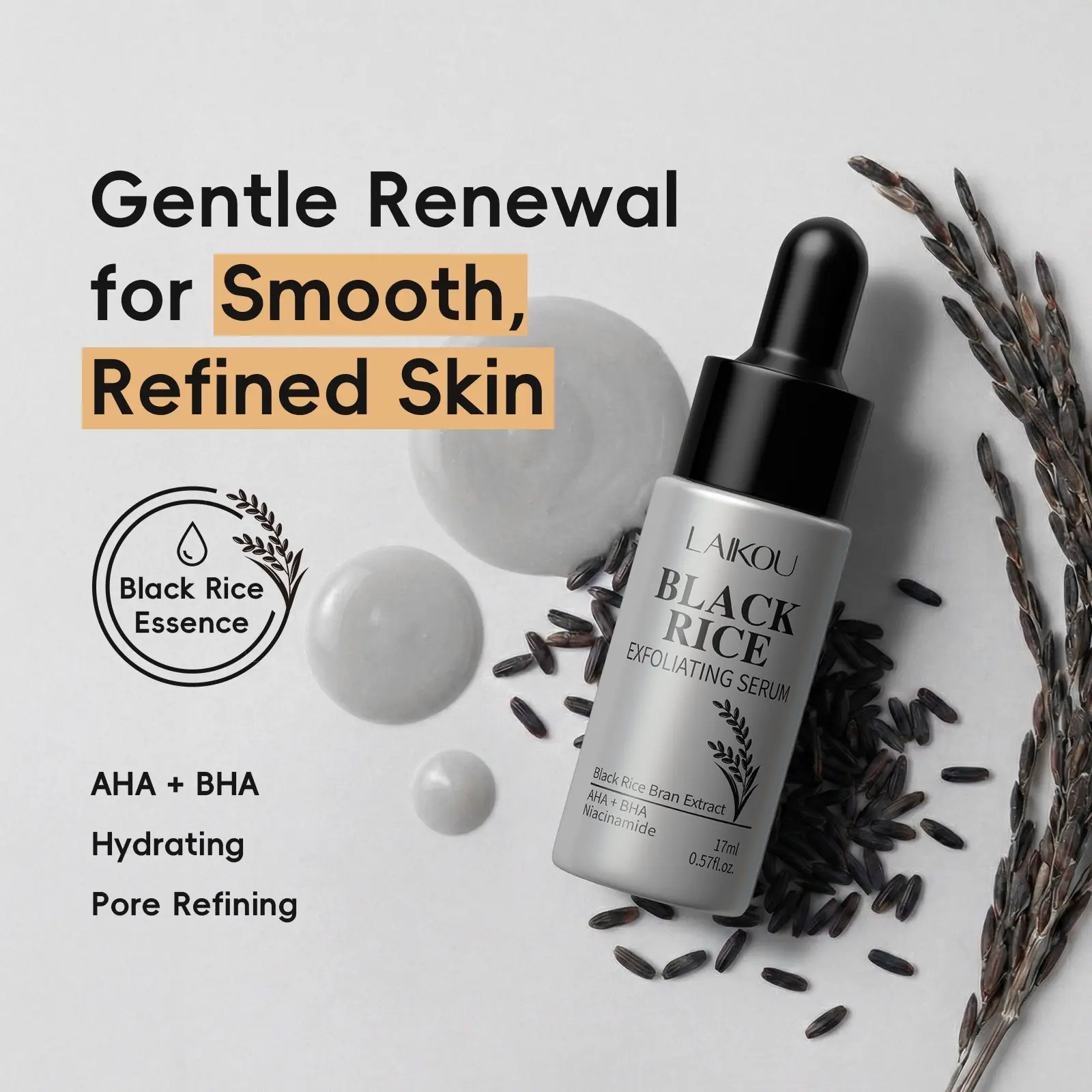 Black Rice Ferment Exfoliating Serum 17ml ，AHA BHA Pore Refining Essence with Niacinamide & Hyaluronic Acid， Enriched with Rice Bran & Hyaluronic Acid ， Pore Refining & Brightening Essence ， Soothes with Centella ， Travel Size