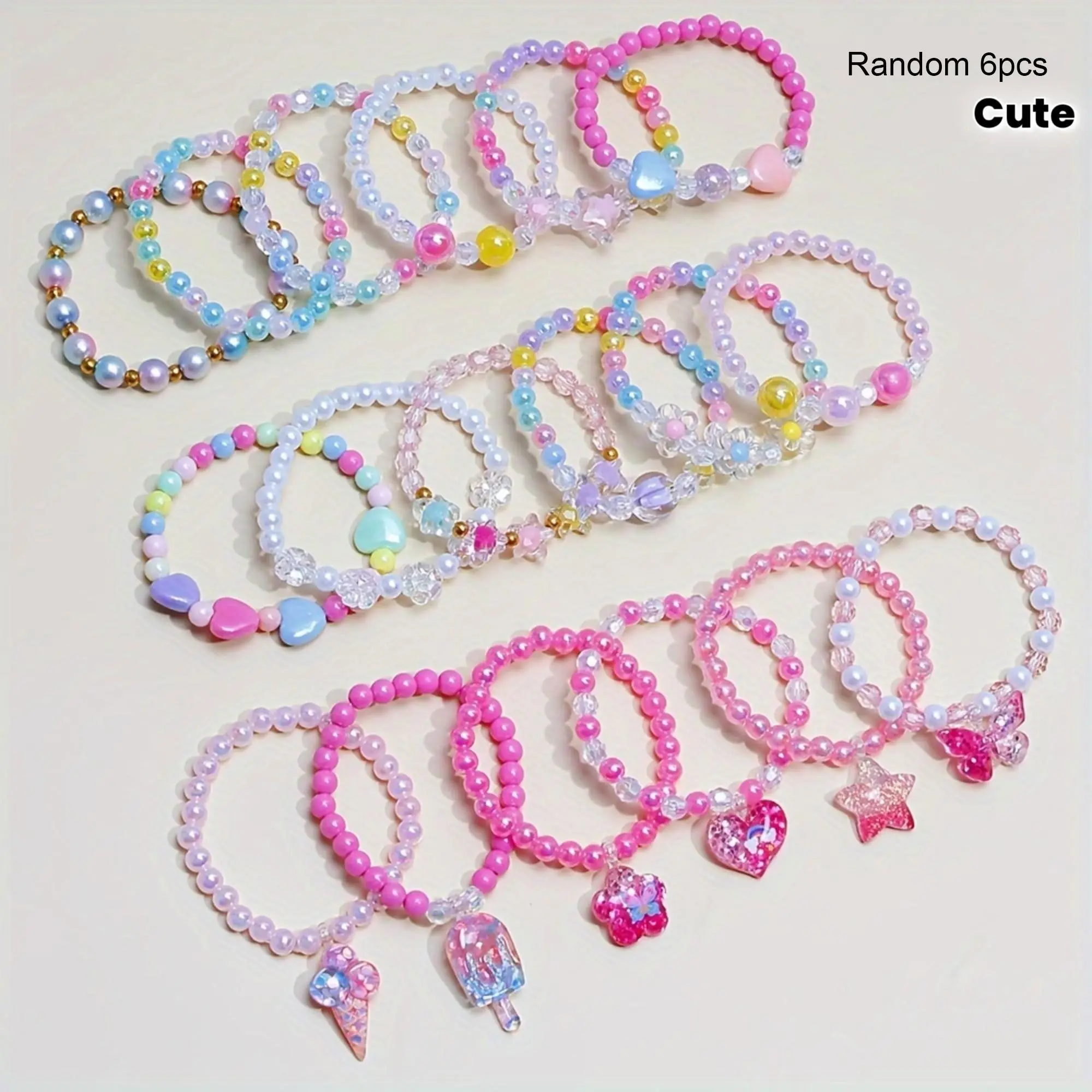 6-Piece Multicolor Beaded Bracelet Set for Girls, Unicorn Flower Butterfly Pendants, Perfect for Gifts, Classroom Awards, Birthday, Easter, Christmas