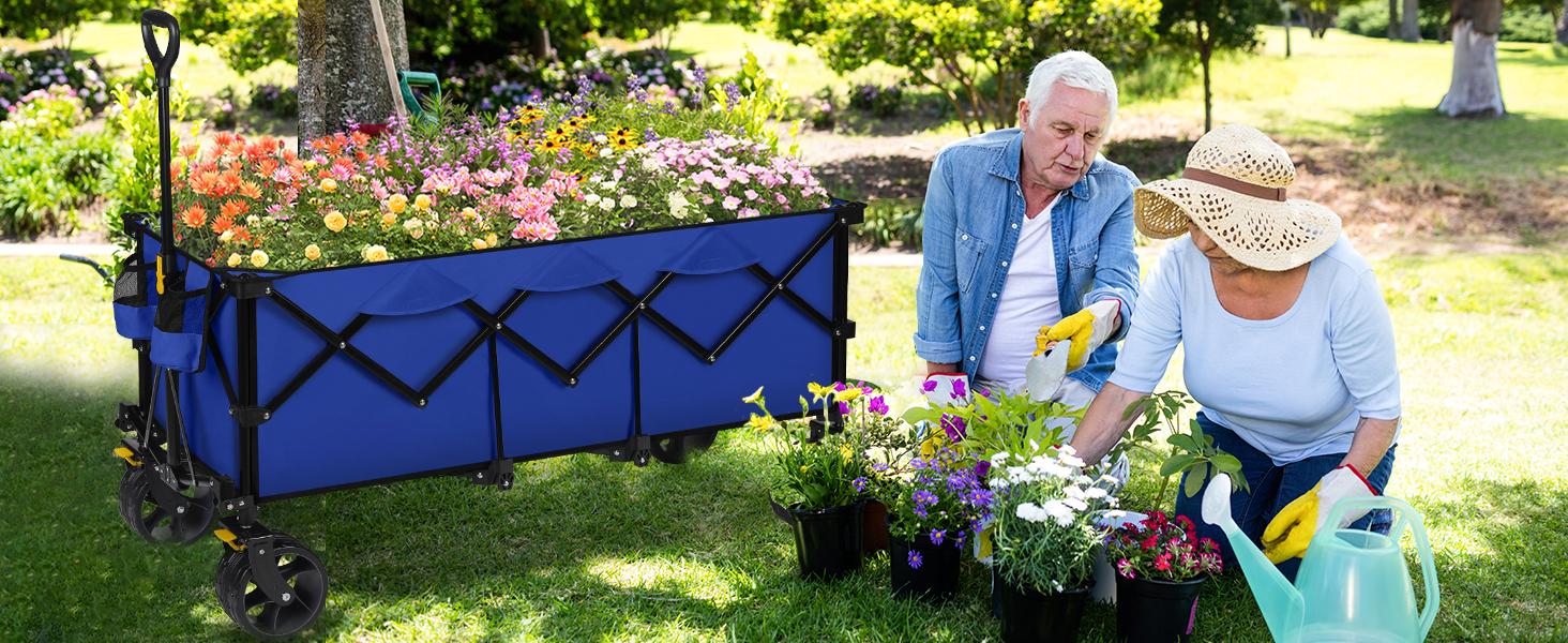 Extended Collapsible Foldable Wagon with 660lbs Weight Capacity, Heavy Duty Folding Utility Garden Cart with Big All-Terrain Beach Wheels & Drink Holders. Royal Blue