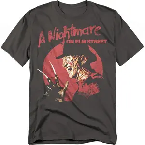 Vintage Distressed A Nightmare On Elm Street Freddy Krueger Red Circle Portrait Graphic Crew Neck Short Sleeve Classic Horror Movie Unisex Casual Halloween Fan Gift Tee Tops