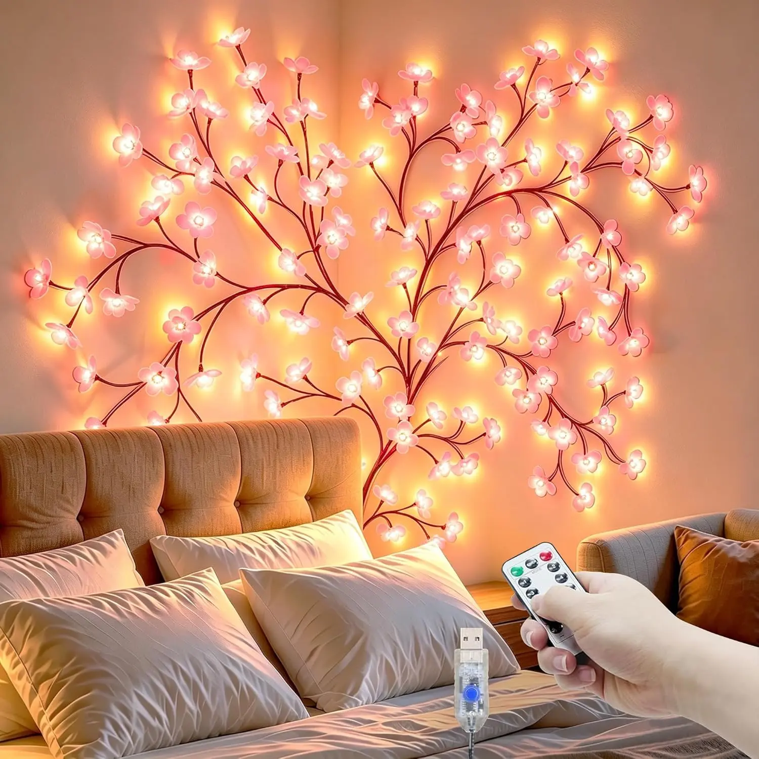 Cherry Blossom LED Branch Decor Light, 72-Light Magic Cherry Willow Rattan Wall Lamp, 8 Lighting Modes, Atmospheric Indoor Ornament for Living Rooms, Doors & Windows