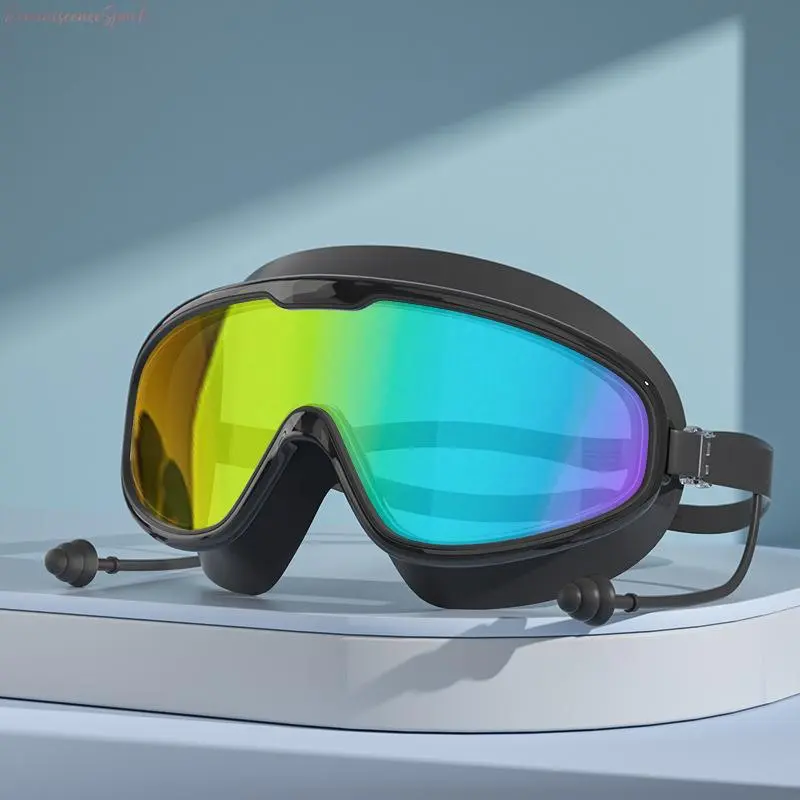 Adult Professional Wide Frame Swim Goggles with Built-In Ear Plugs, HD Anti-Fog Waterproof Clear Lenses & Full UV Eye Barrier. Comfortable Leakproof Swim Eyewear for Pool Swimming, Snorkeling Diving & All Kinds of Summer Outdoor Water Sports