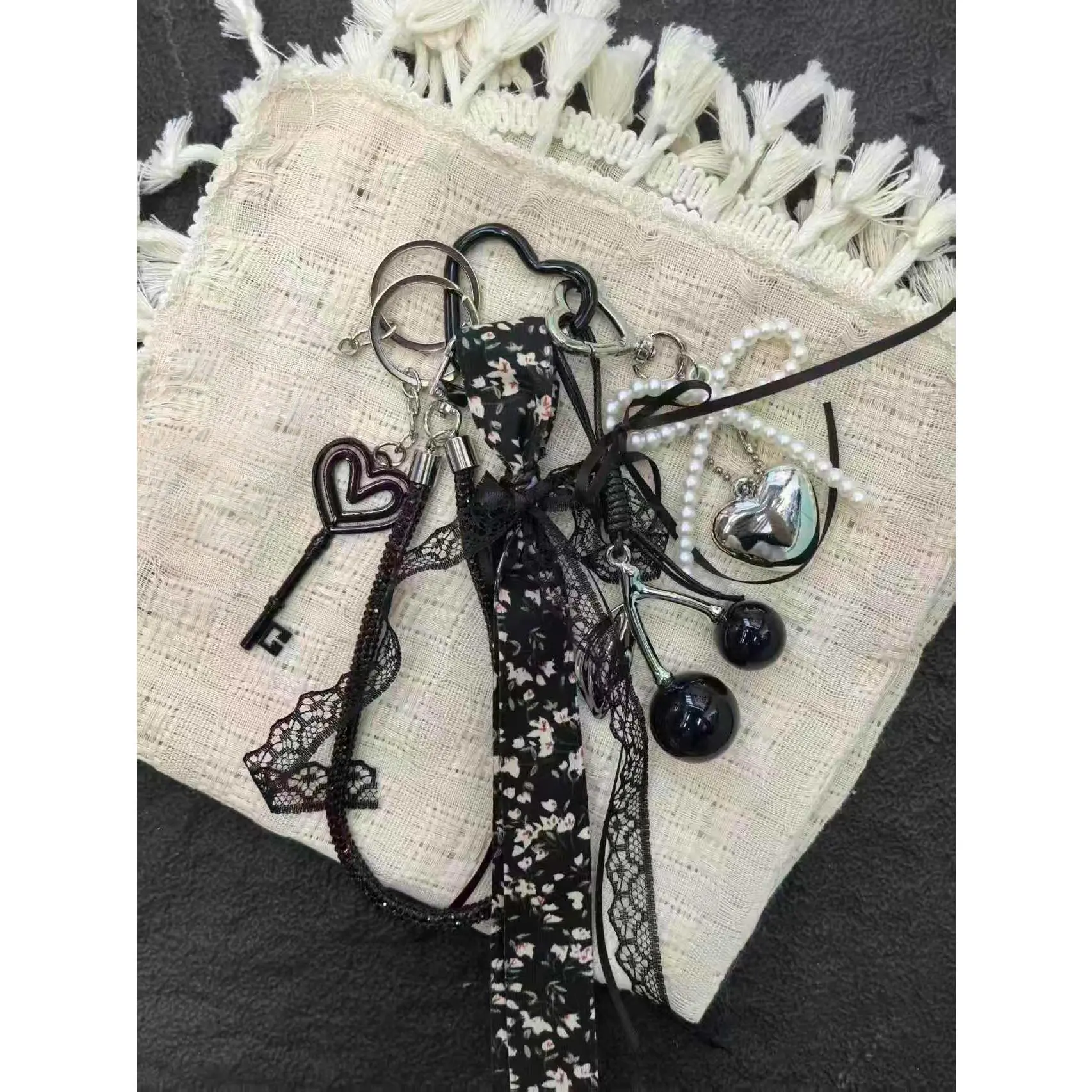 Dark Sweet Chic Beaded Charms Keychain - Cherry and Bow Design, Pearl Tassel, Black Lace Charms, Edgy Punk Keychain for Backpack Bag Decoration, Beaded Charms Keychains, Cherry And Bow Design Keychains